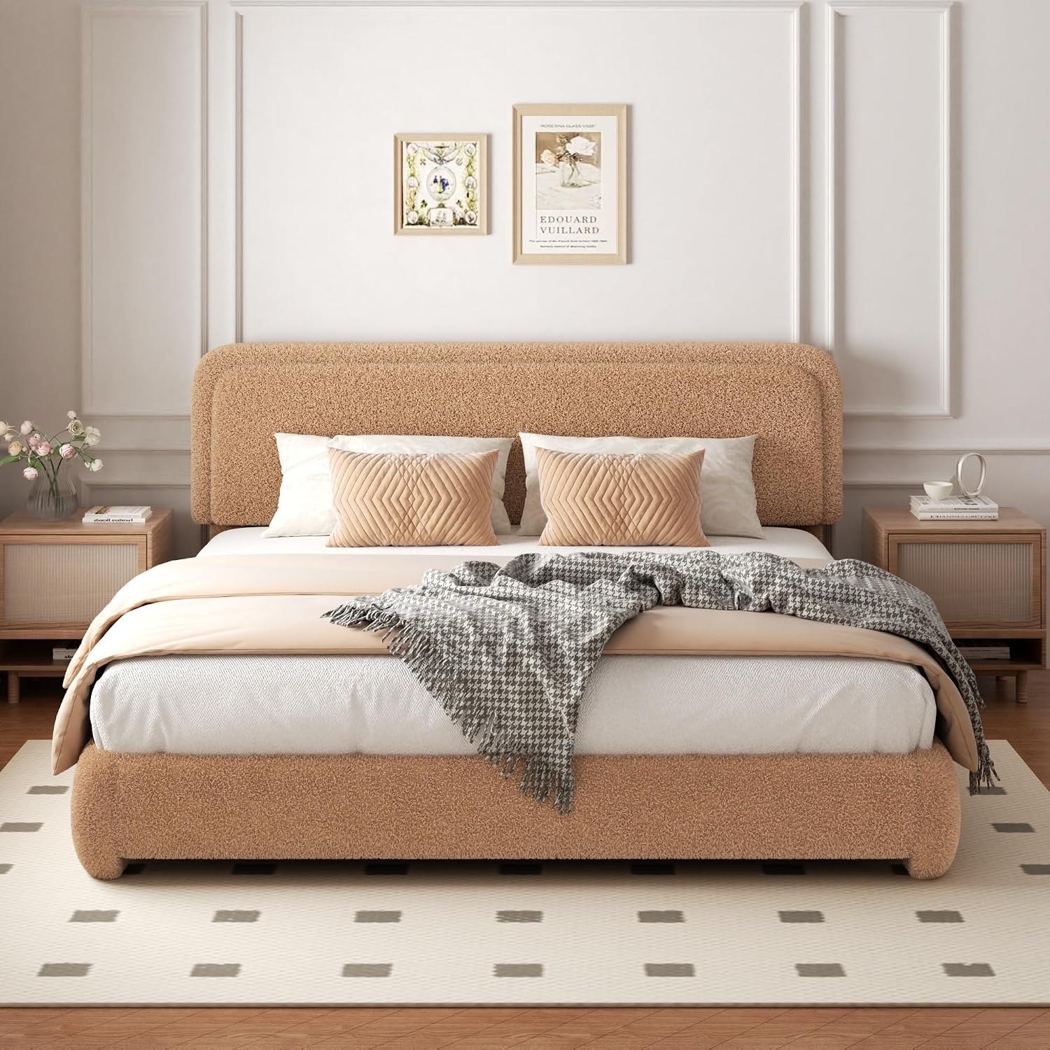 Queen Size Boucle Bed Frame with Adjustable Headboard, Upholstered Cloud Platform Bed, Anti-Collision Soft Rounded Corners, No Box Spring Needed, Easy Assembly, Noise Free, Camel