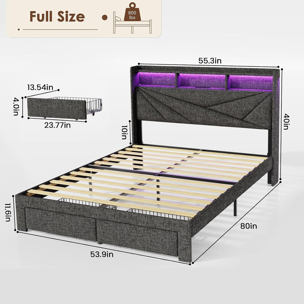 Driftalia Full Size Bed Frame with 2-Tier Storage Headboard, Upholstered Full Bed Frame with 2 Drawers, Charging Station and LED Lights, No Box Spring Needed, Easy Assembly - Dark Grey