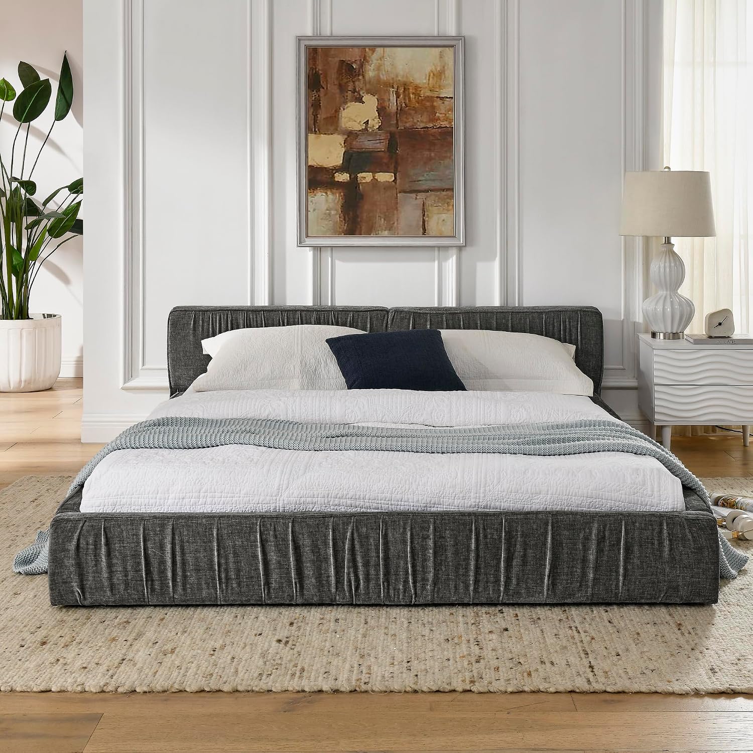 Ball & Cast Queen Size Low Bed Frame,Chenille Upholstered Platform Bed with Pleated Design Headboard,Grounded Floor Bed with Wood Slat Support,No Box Spring Needed,Grey