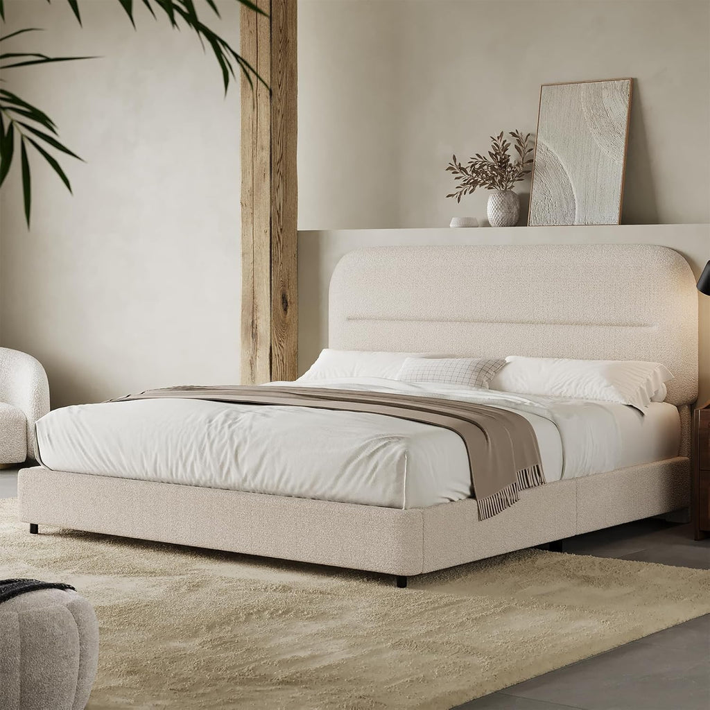 HOMBCK Queen Bed Frame with Headboard, Boucle Upholstered Soft Platform Bed Frame with Thickened Footboard, Rounded Corners Design, No Box Spring Required, Easy Assembly, Cream