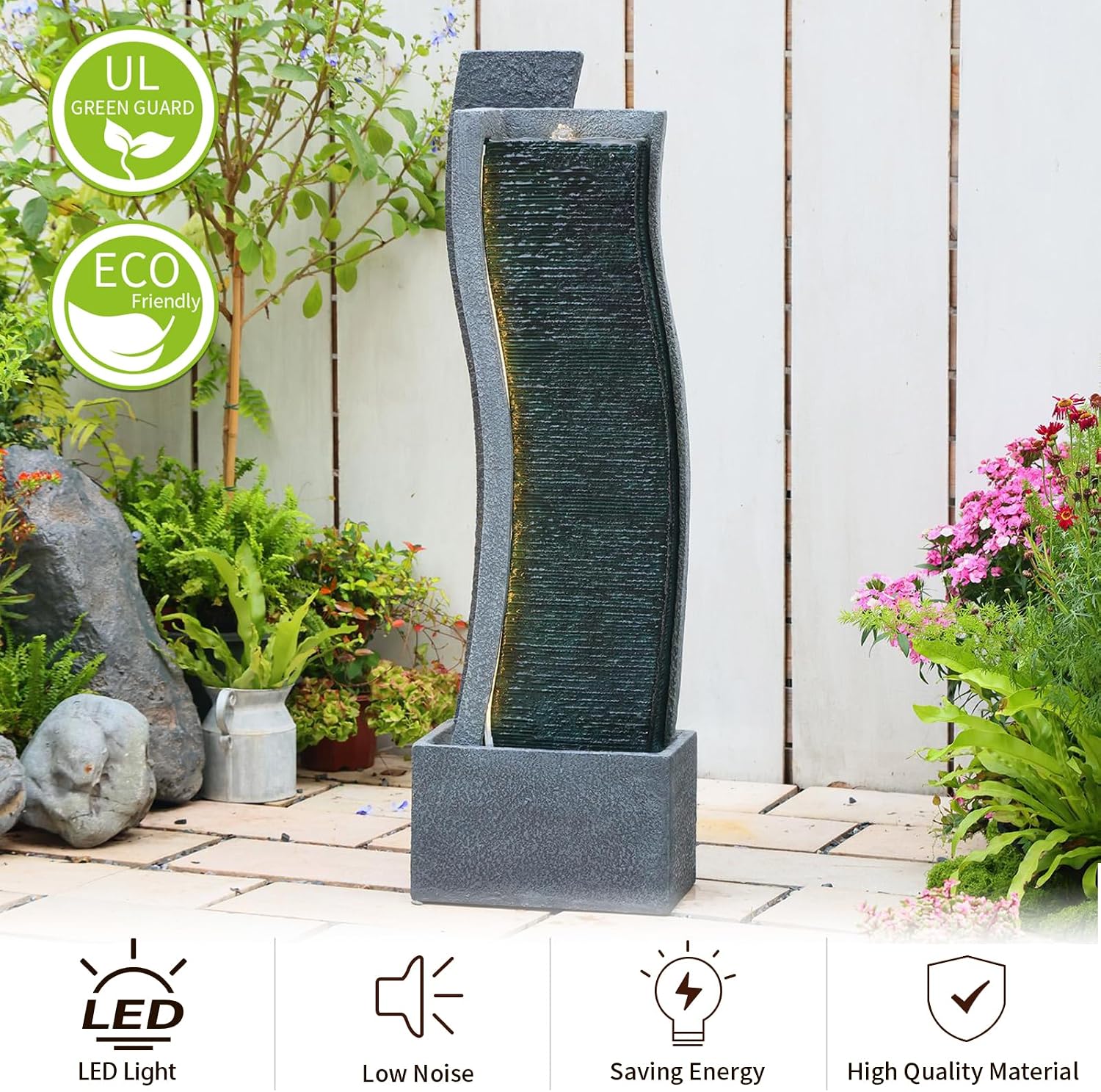 Sunlinua 43H Modern Outdoor Water Fountain with LED Light Garden Cascading Curved Waterfall Feature for Indoor or Outdoor Relaxing Garden Patio Backyard Deck Porch or Home Décor