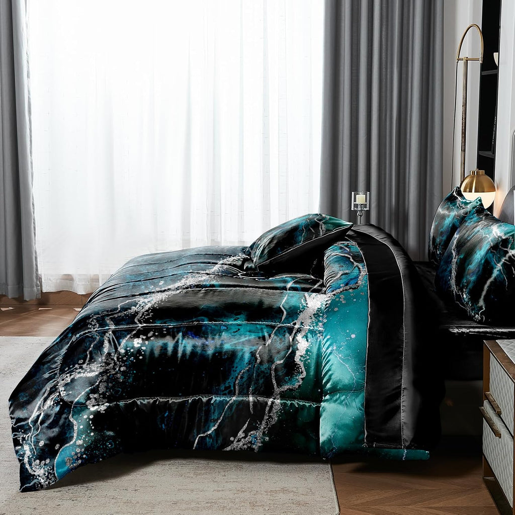 Bedorm Blue Marble Comforter Set King Silky Satin Bed in A Bag Black Marble Stone Abstract Texture Silk Like Black Satin Bedding Set with Comforter and Sheet Set