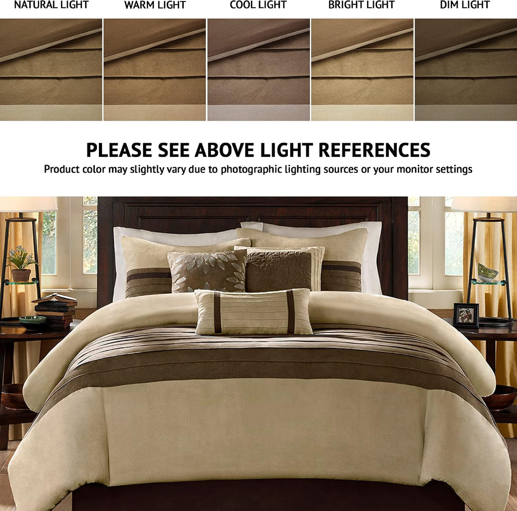 Madison Park Cozy Comforter Set-Luxury Faux Suede Design, Striped Accent, All Season Down Alternative Bedding, Matching Shams, Decorative Pillow, Natural, California King (104 in x 92 in)