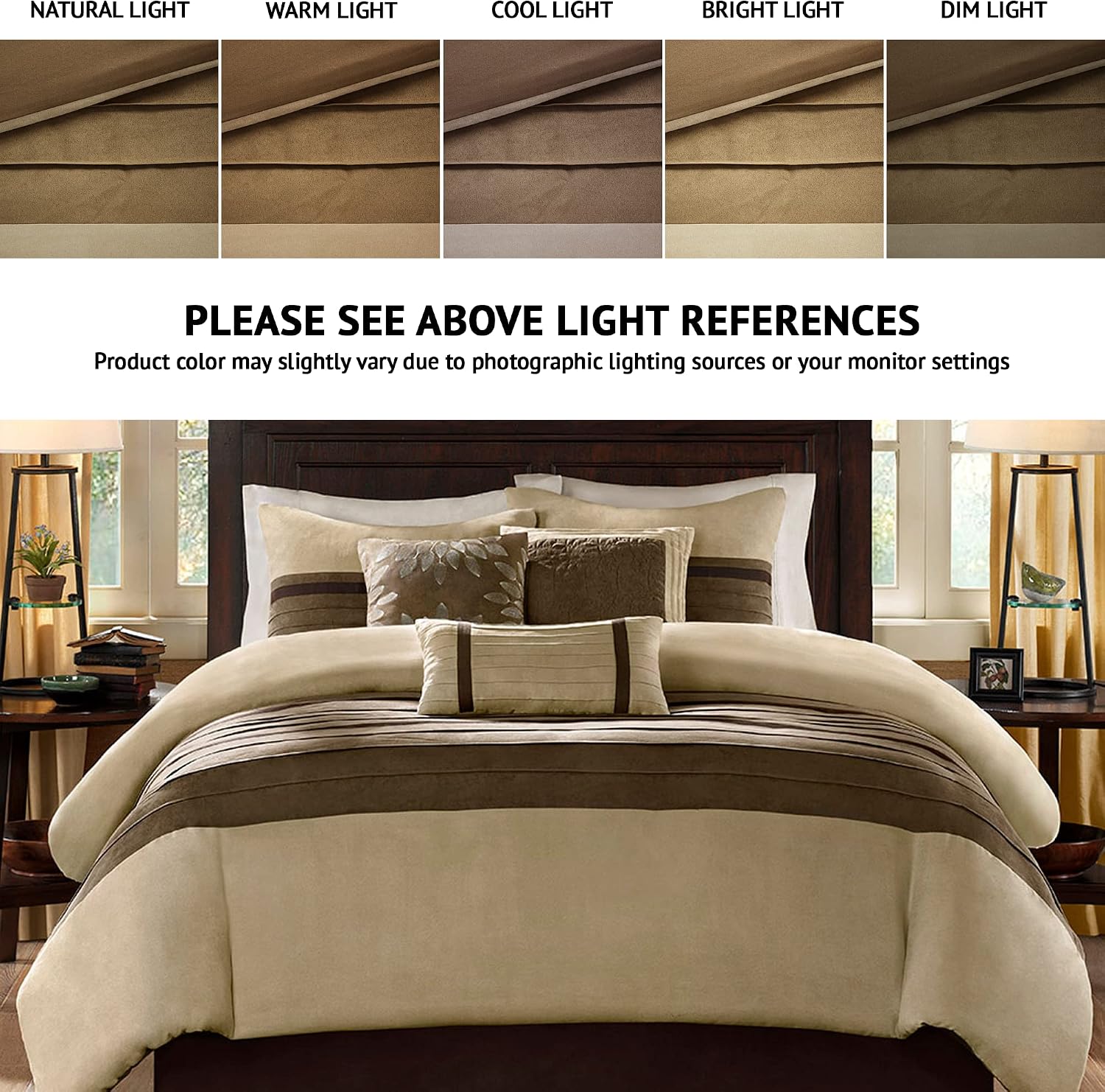 Madison Park Cozy Comforter Set-Luxury Faux Suede Design, Striped Accent, All Season Down Alternative Bedding, Matching Shams, Decorative Pillow, Natural, California King (104 in x 92 in)