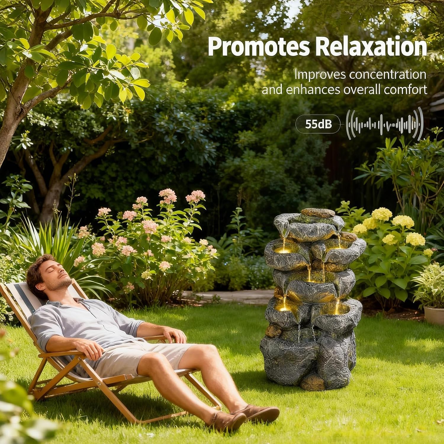 Solar Water Fountain Outdoor Garden, 24' H Cascading Stone Design 5 Tier Rock Feature Outdoor Fountains Waterfalls with Light, Pump Solar Panel for Patio, Deck, Porch, Backyard Home Décor