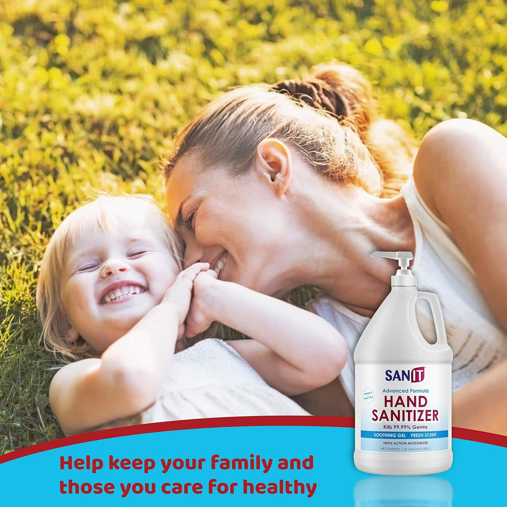 Sanit Moisturizing Hand Sanitizer Gel 70% Alcohol - Kills 99.99% Germs, Advanced Formula with Vitamin E and Aloe Vera - Soothing Gel, Fresh Scent, Made in USA - 1 Gallon with Pump, 4 Pack
