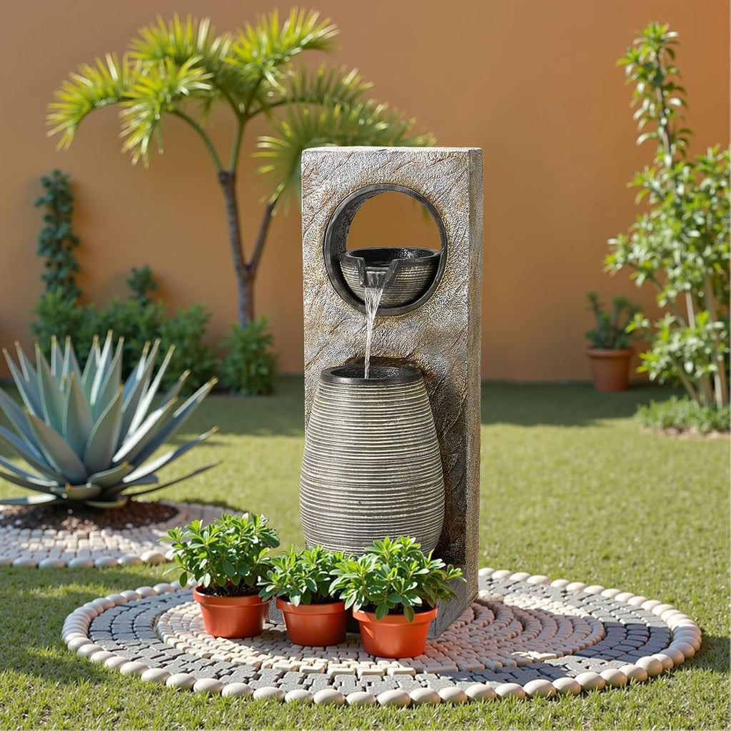 YOLENY Tall Outdoor Fountain with LED Lights, 39.7'' H Water Fountain Modern, Outdoor Freestanding Fountains for Garden Yard Home Decor