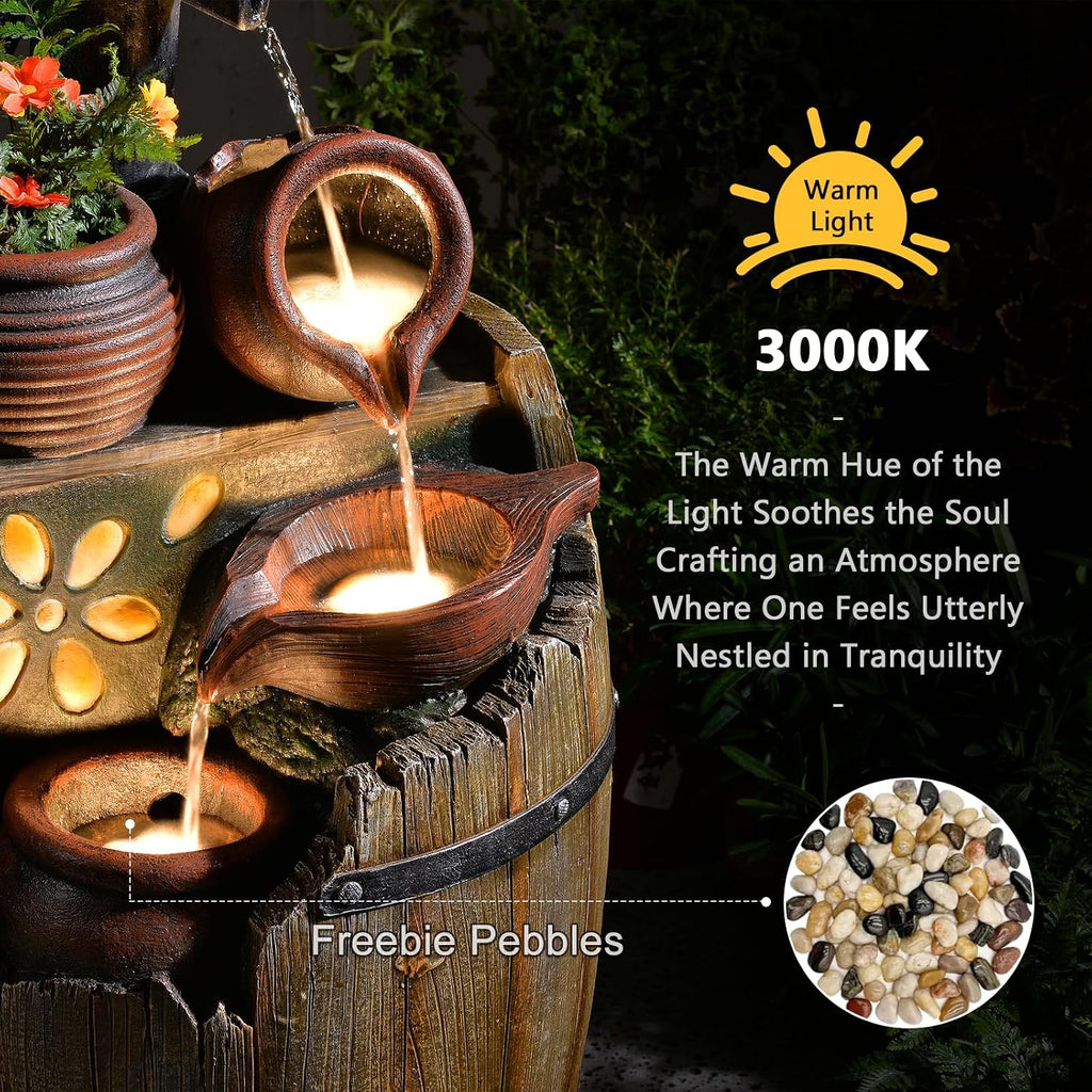 Water Fountain Outdoor 29' H Outside Floor 3 Tiered Rustic Barrel with Light, Pump for Garden, Patio, Deck, Porch, Backyard Home Decor