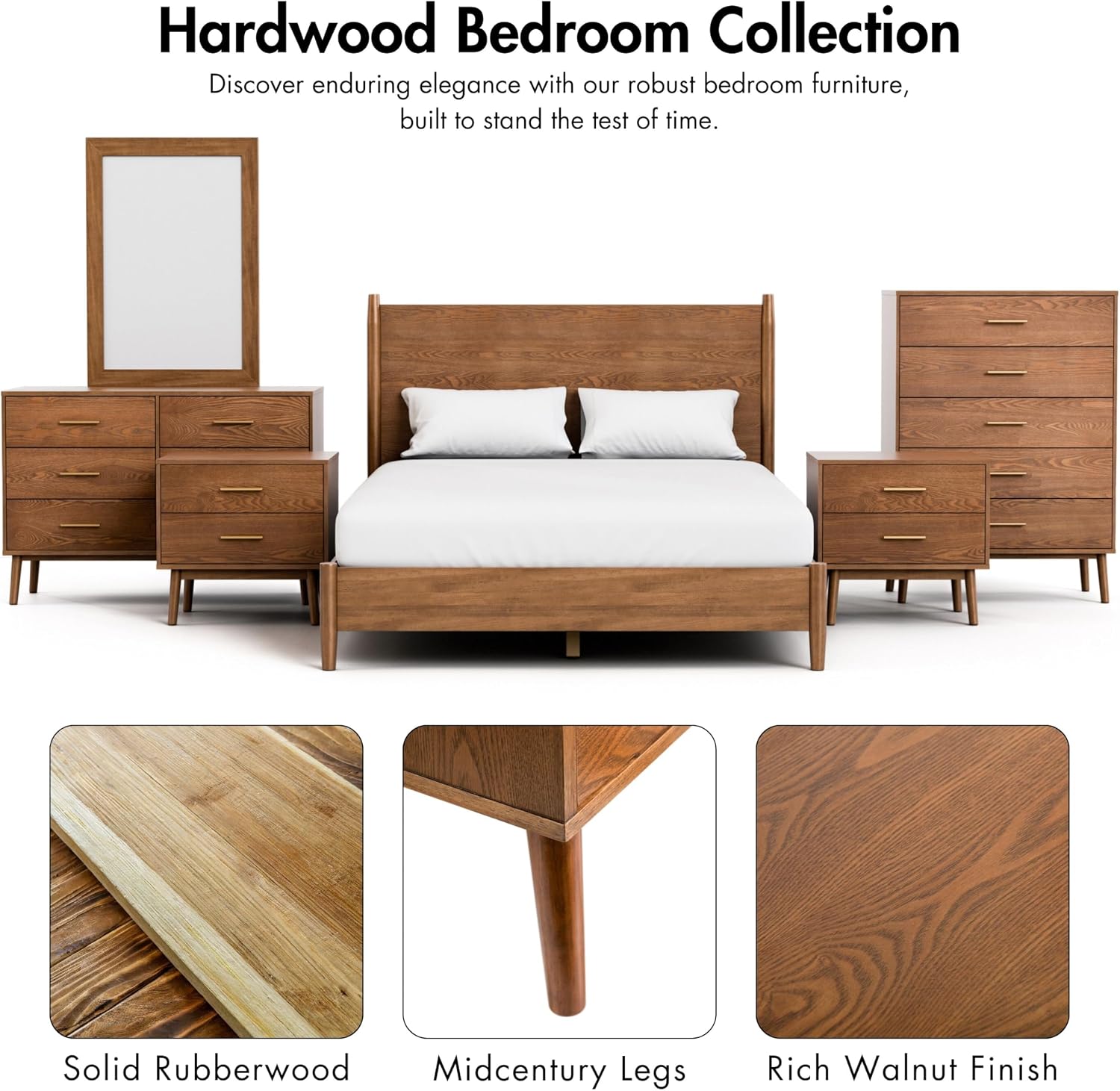 Furniture of America Wyatt Modern Solid Wood Bedroom Collection with Queen Bed Frame and Nightstands Set of 2, No Box Spring Needed, Walnut, Standard Platform, 3-Piece Set