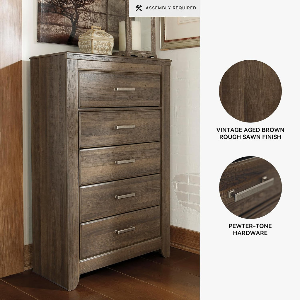 Signature Design by Ashley Juararo Rustic 5 Drawer Chest of Drawers, Aged Dark Brown