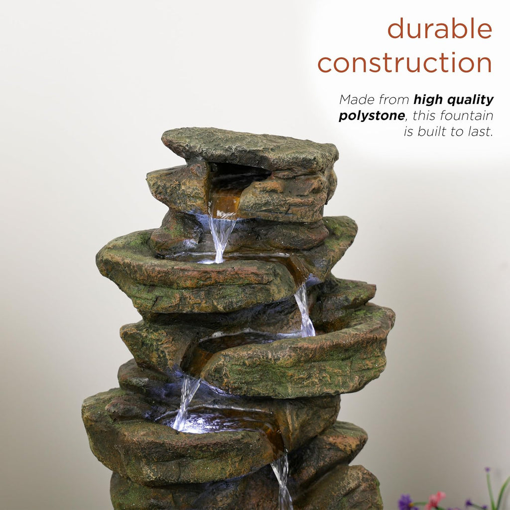 Alpine Corporation 20' H Outdoor Multi-Level Rock Floor Fountain with LED Lights, Brown