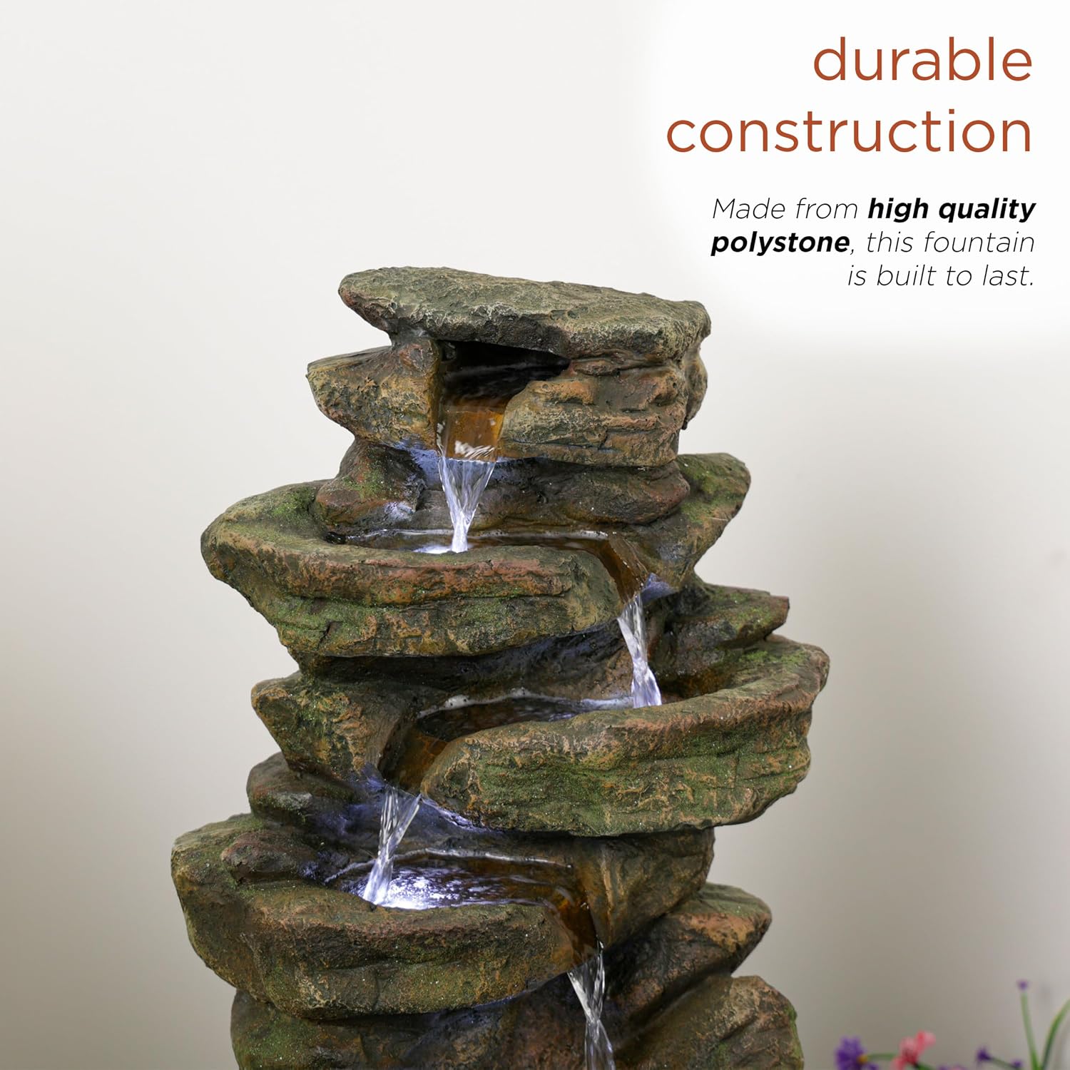 Alpine Corporation 20' H Outdoor Multi-Level Rock Floor Fountain with LED Lights, Brown