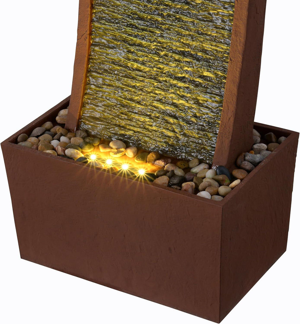 Teamson Home 38.5' Indoor/Outdoor Modern Curved Faux Slate Waterfall Fountain with LED Lights, Red Rock