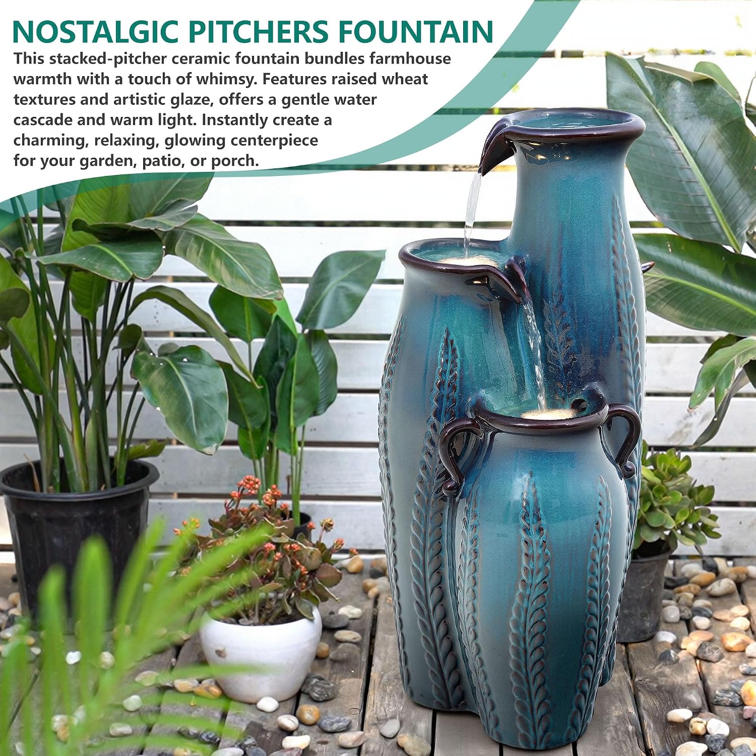 29.5' H Ceramic Outdoor Water Fountain with LED Lights, 3-Tier Vase Cascading Water Feature, Turquoise with Embossed Leaf Patterns, Tranquil Waterfall for Garden, Patio, Yard, or Porch
