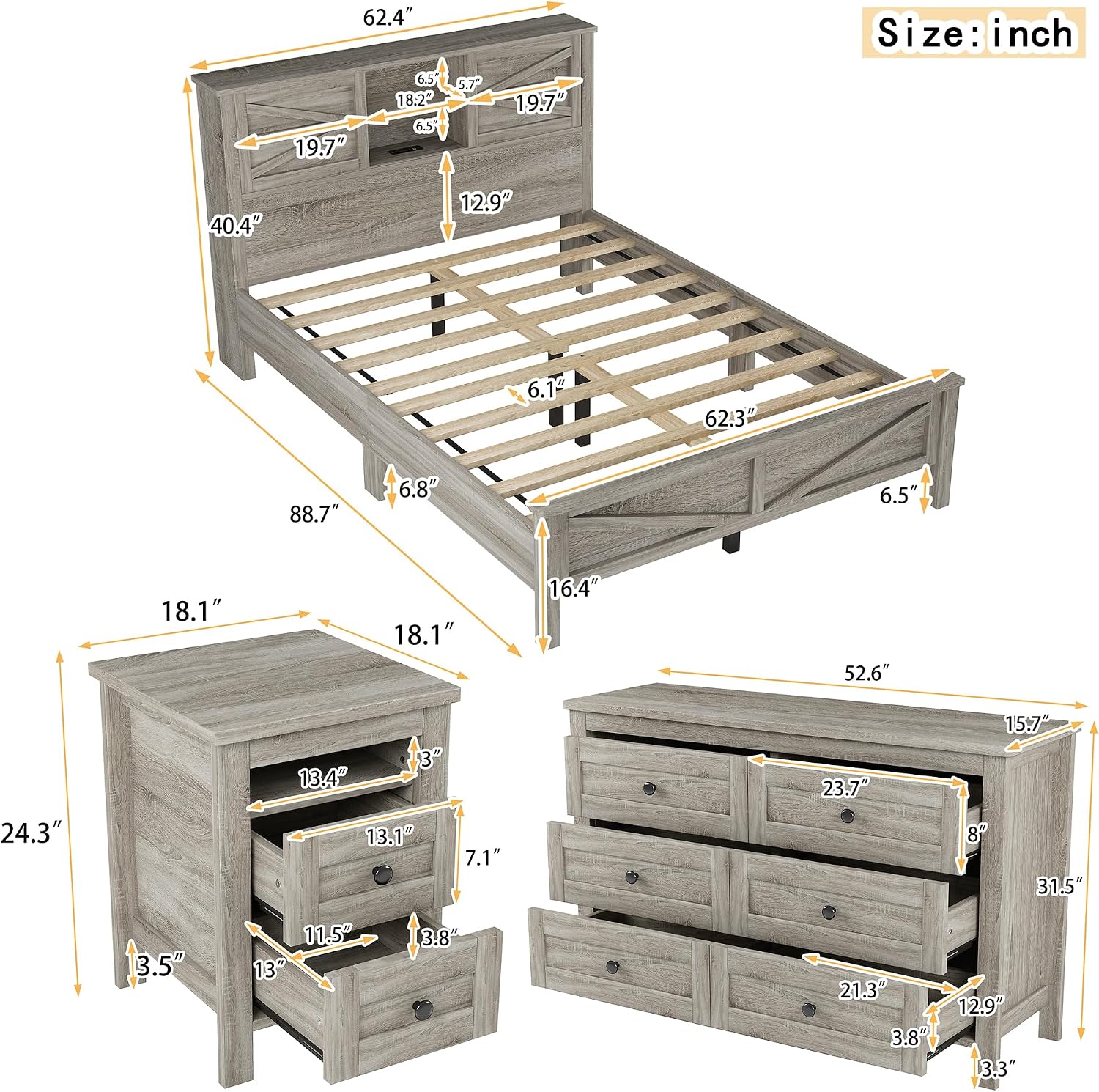 Farmhouse Bedroom Set 3 Pieces, Queen Size Wood Platform Bed Frame, Nightstand and Dressing Table, Queen Bedframe with Double Sliding Door Headboard and Charging Station (Antique Gray, Queen)