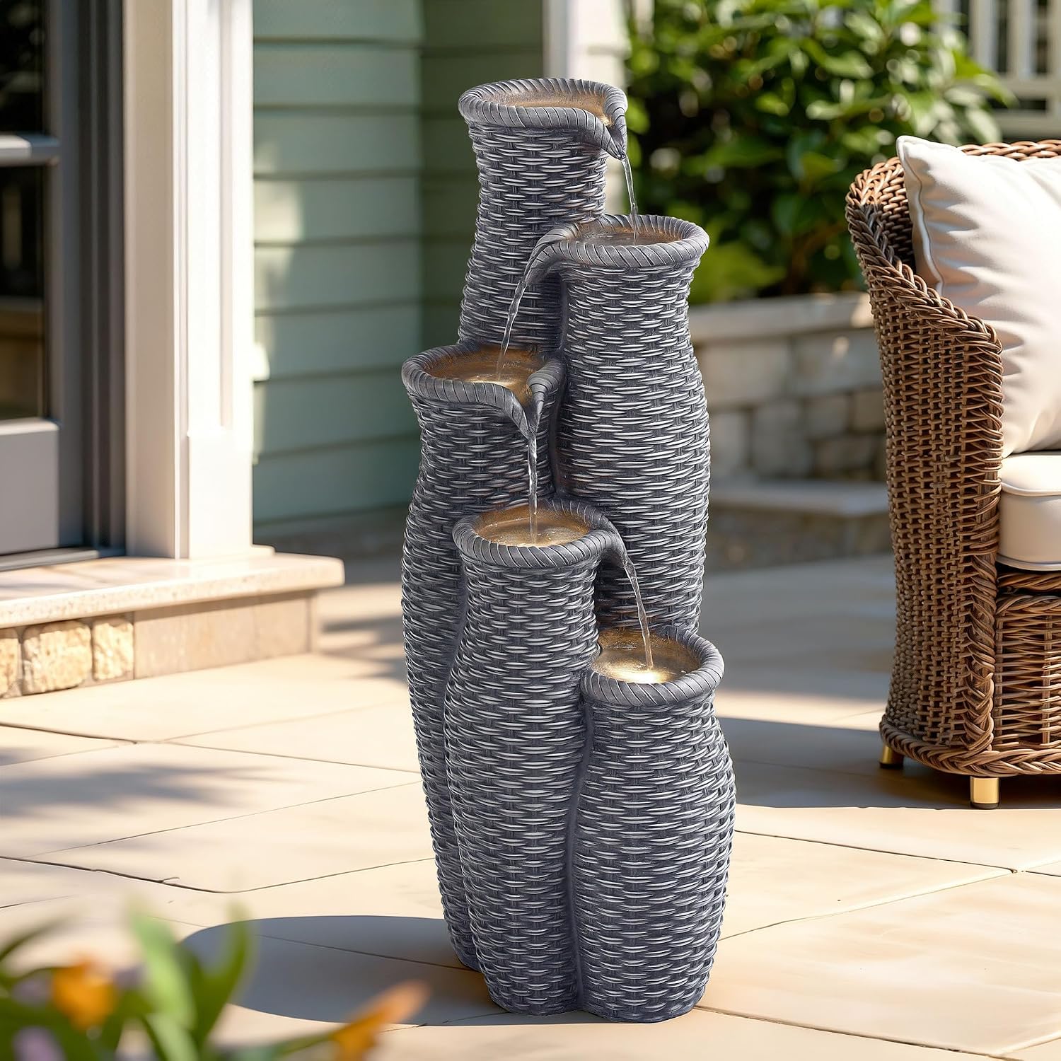 Outdoor Water Fountain with Lights, 5-Tier Faux Rattan Vase Waterfall, Textured Gray Polyresin Cascading Waterfall Feature with Soothing White Noise for Garden, Patio, Yard, or Porch
