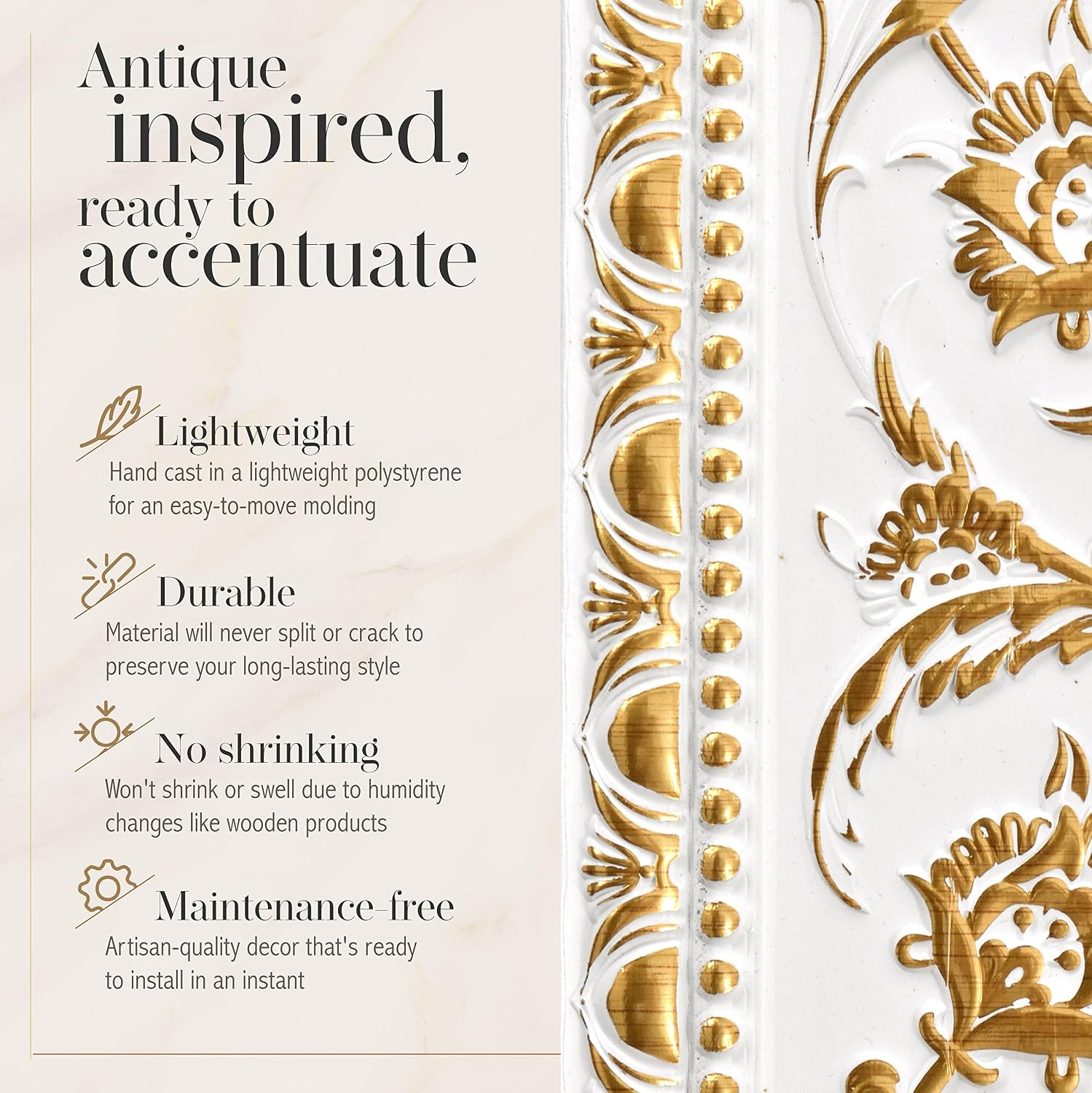 6-Piece Crown Molding Crown Decor Set, Molding Trim for Walls, 94 Inches, Gold Floral on French White