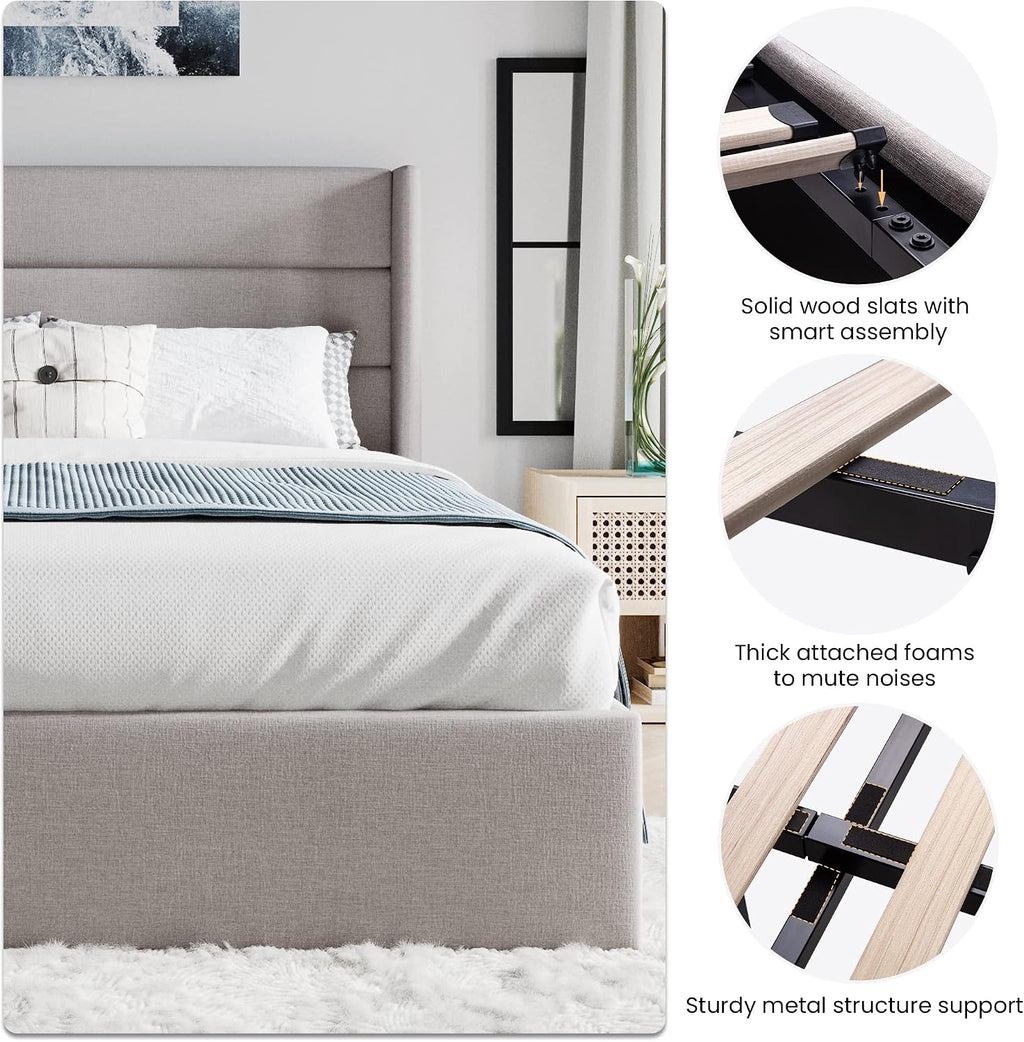 SHA CERLIN Full Size Lift Up Storage Bed/Modern Wingback Headboard/Upholstered Platform Bed Frame/Hydraulic Storage/No Box Spring Needed/Wood Slats Support/Light Beige