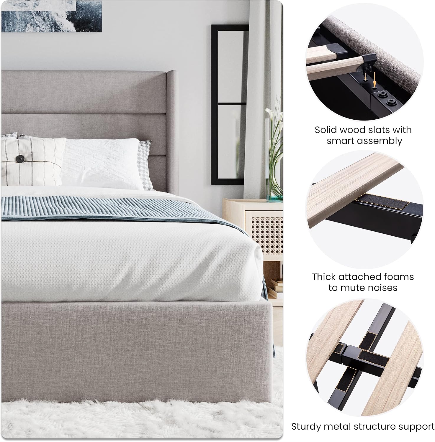 SHA CERLIN Full Size Lift Up Storage Bed/Modern Wingback Headboard/Upholstered Platform Bed Frame/Hydraulic Storage/No Box Spring Needed/Wood Slats Support/Light Beige