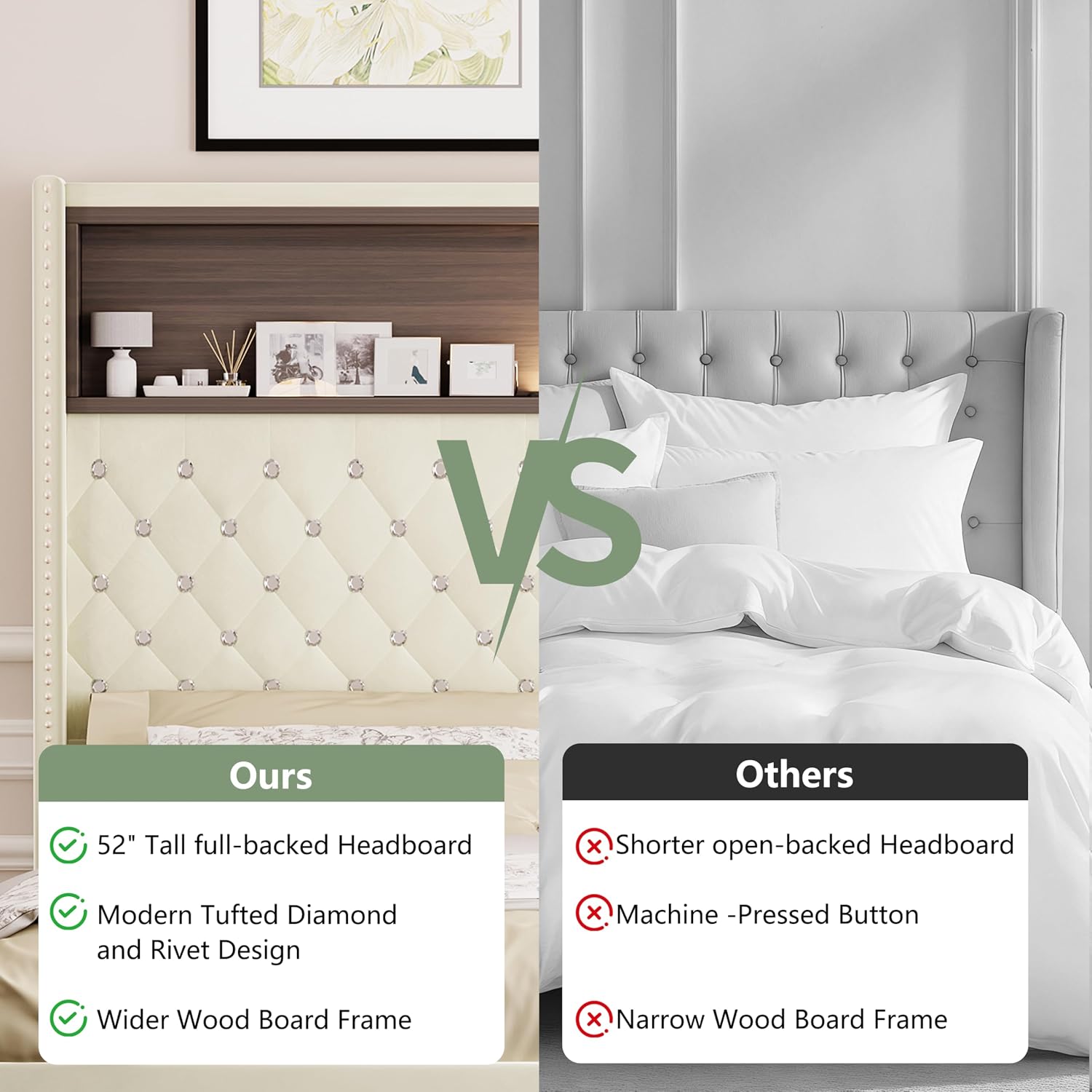 JIVOIT Full Size Bed Frame with Storage, Velvet Tufted Soft Bed Frame with 52'' High Headboard with Rivet Decoration, Wing-Back Platform Bed with Headboard Shelf, No Box Spring Needed (Beige,Full,42)