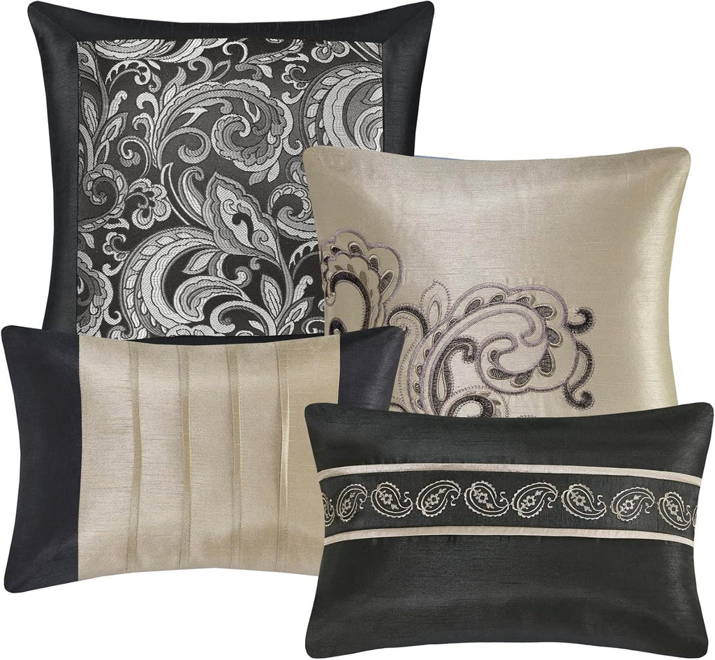Madison Park Essentials Brystol 24 Piece Room in a Bag Faux Silk Comforter Jacquard Paisley Design Matching Curtains Down Alternative All Season Bedding-Set, Queen(90 in x 90 in), Black 24 Piece