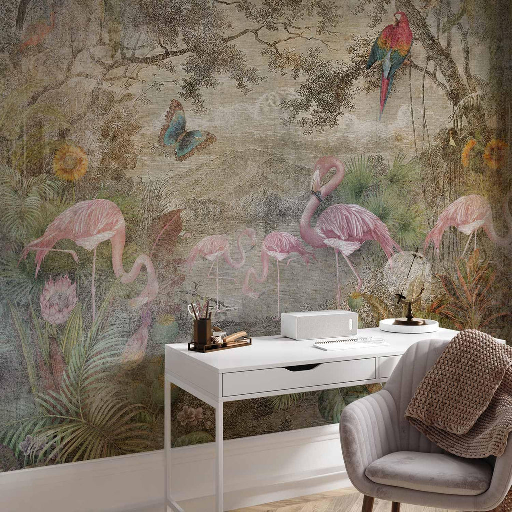 artgeist Premium Wall Mural Retro 118x83 in - XXL Non-Woven Wallpaper Fleece Wall Decor Photo Print Picture Image Abstract Vintage Flowers Animals Flamingo g-C-0392-a-a