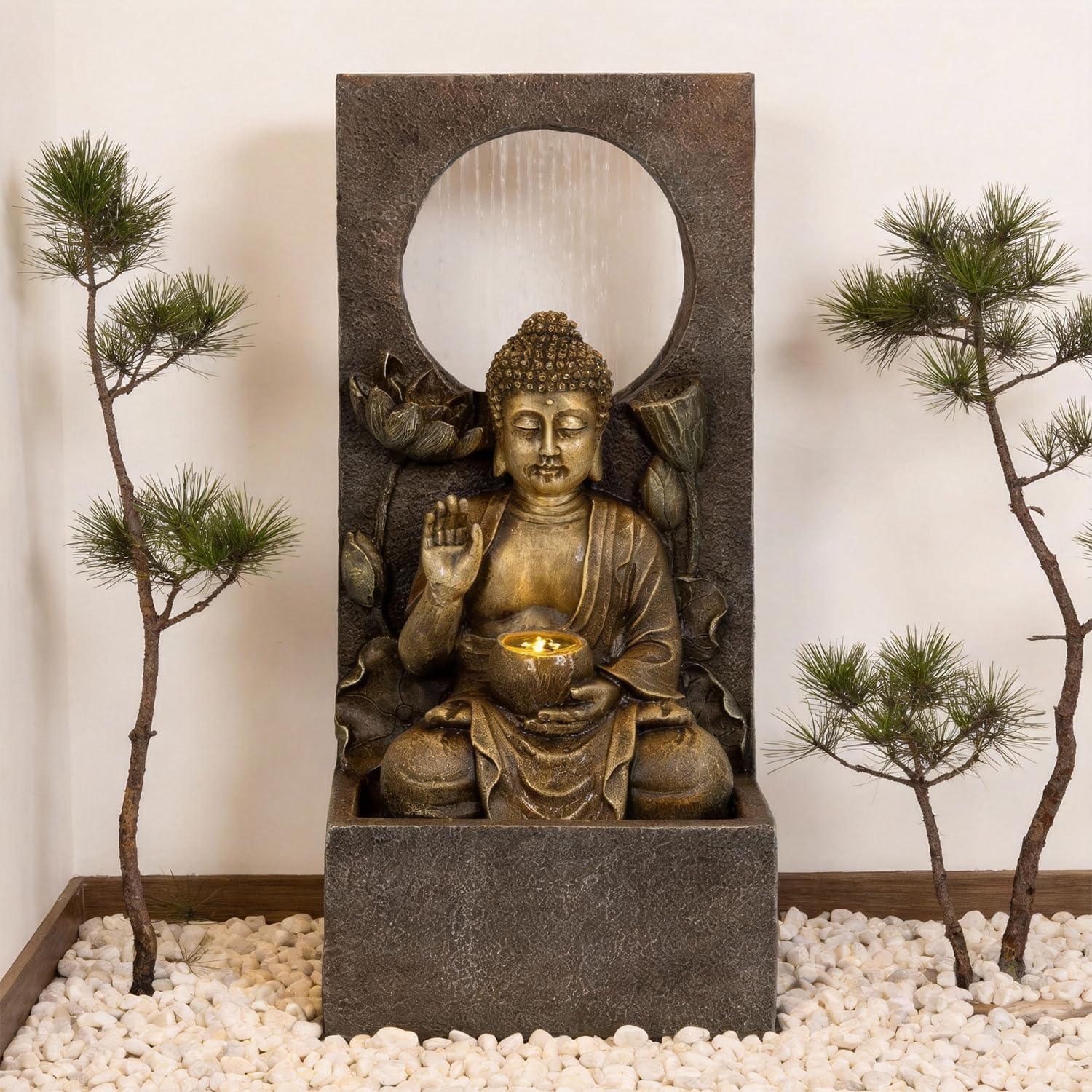 Ferrisland Buddha Waterfall Fountain Outdoor, Freestanding Relaxing Water Fountain, Asian Zen Fengshui Patio Garden Backyard Decking Home Decor, Gift Ideas (Gold, 27.6' H)