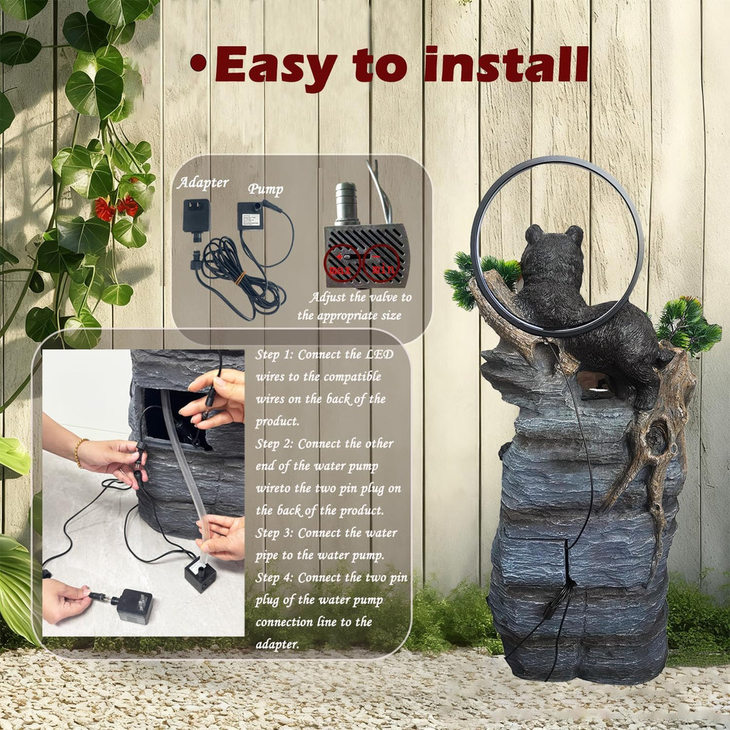 39.3' H Bear Outdoor Fountain with LED Lights and Five Tiered Waterfall Water Features,Suitable for Courtyard,Gardenand Indoor Decoration