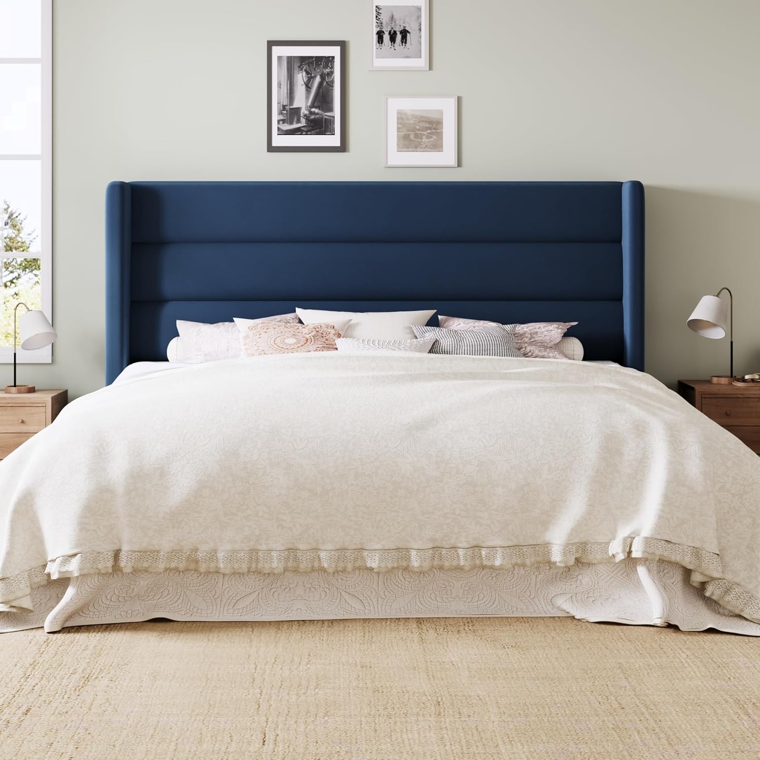 Allewie Queen Size Platform Bed Frame with Velvet Upholstered Wingback Headboard, No Box Spring Needed, Under Bed Storage Space, Wooden Slats, Modern Mattress Foundation, Easy Assembly, Blue