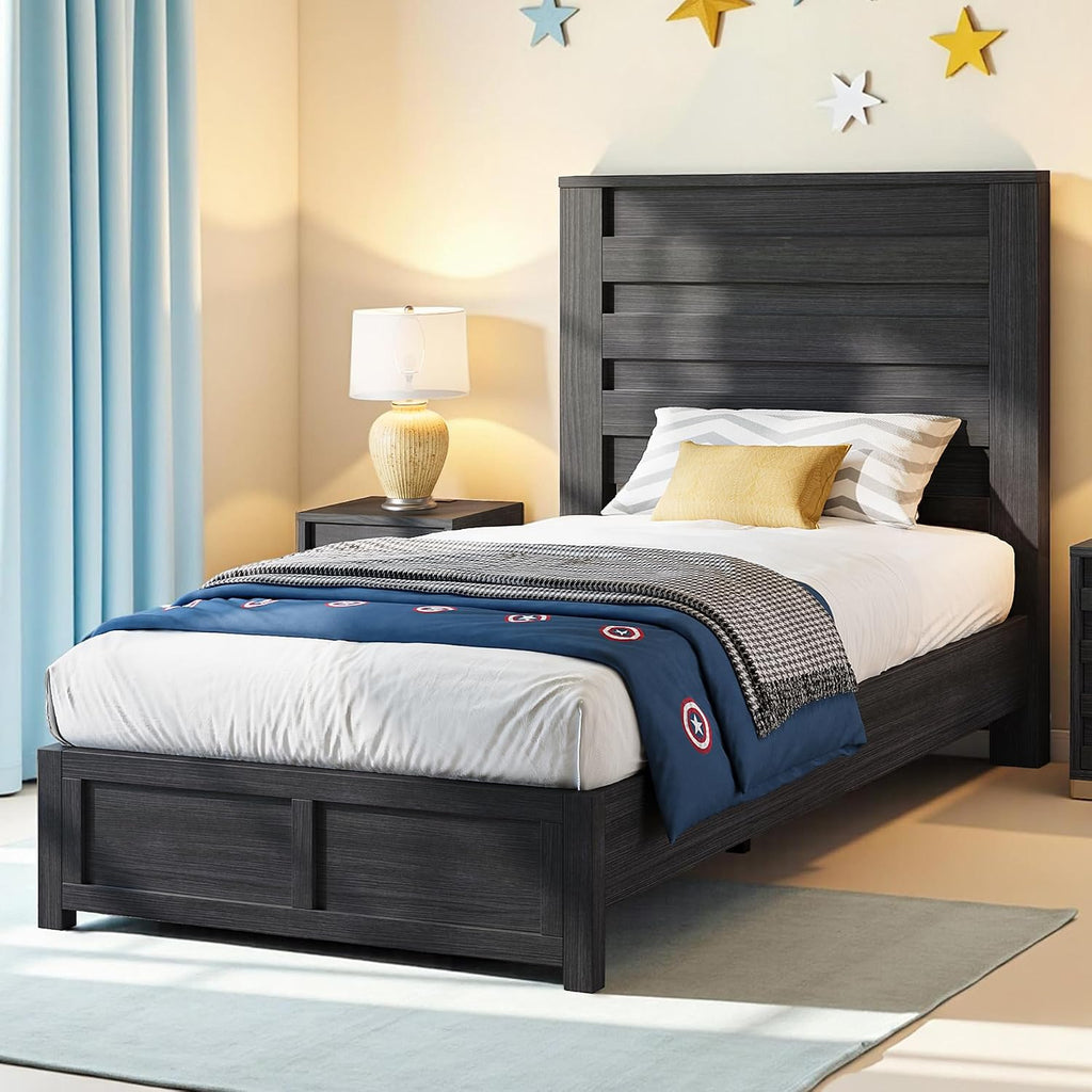 Albott Farmhouse Twin Platform Bed with 49' Fluted Headboard, Wood Bed Frame with Natural Grain Finish, No Box Spring Needed, Noise-Free, Black