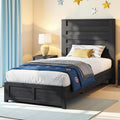 Albott Farmhouse Twin Platform Bed with 49' Fluted Headboard, Wood Bed Frame with Natural Grain Finish, No Box Spring Needed, Noise-Free, Black