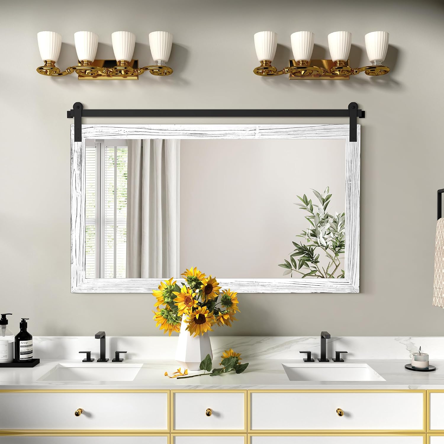 COGOOD Farmhouse Bathroom Mirror - 45 x 30 Large Rectangle Barn Door Mirror for Vanity, Bedroom, Living Room Wall Decor (White)