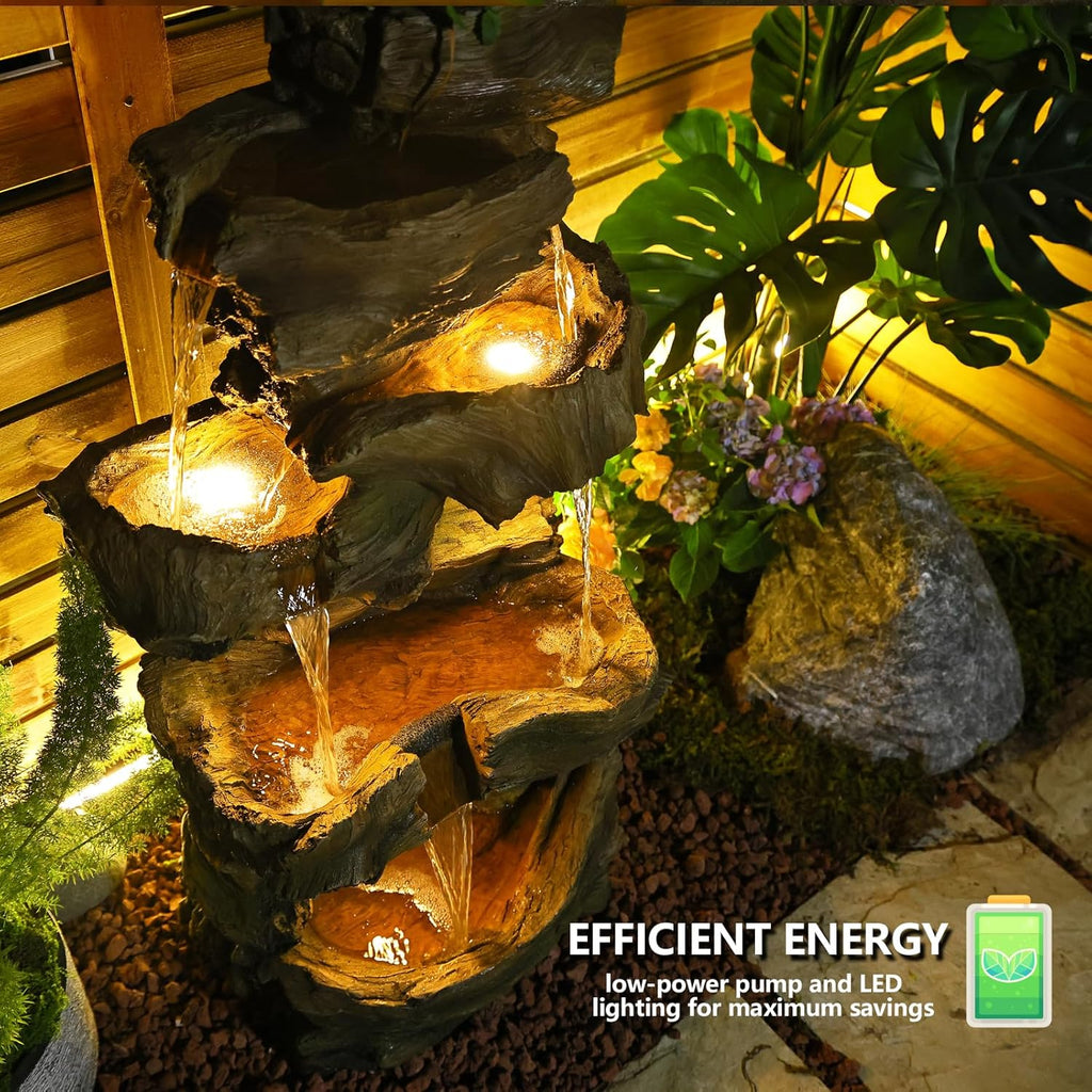 40.5' H Outdoor Garden Water Fountain 5 Tiers Large Cascading Rock Natural Waterfall Outdoor Fountain Resin Imitation Wood with LED Lights for Garden, Patio, Porch