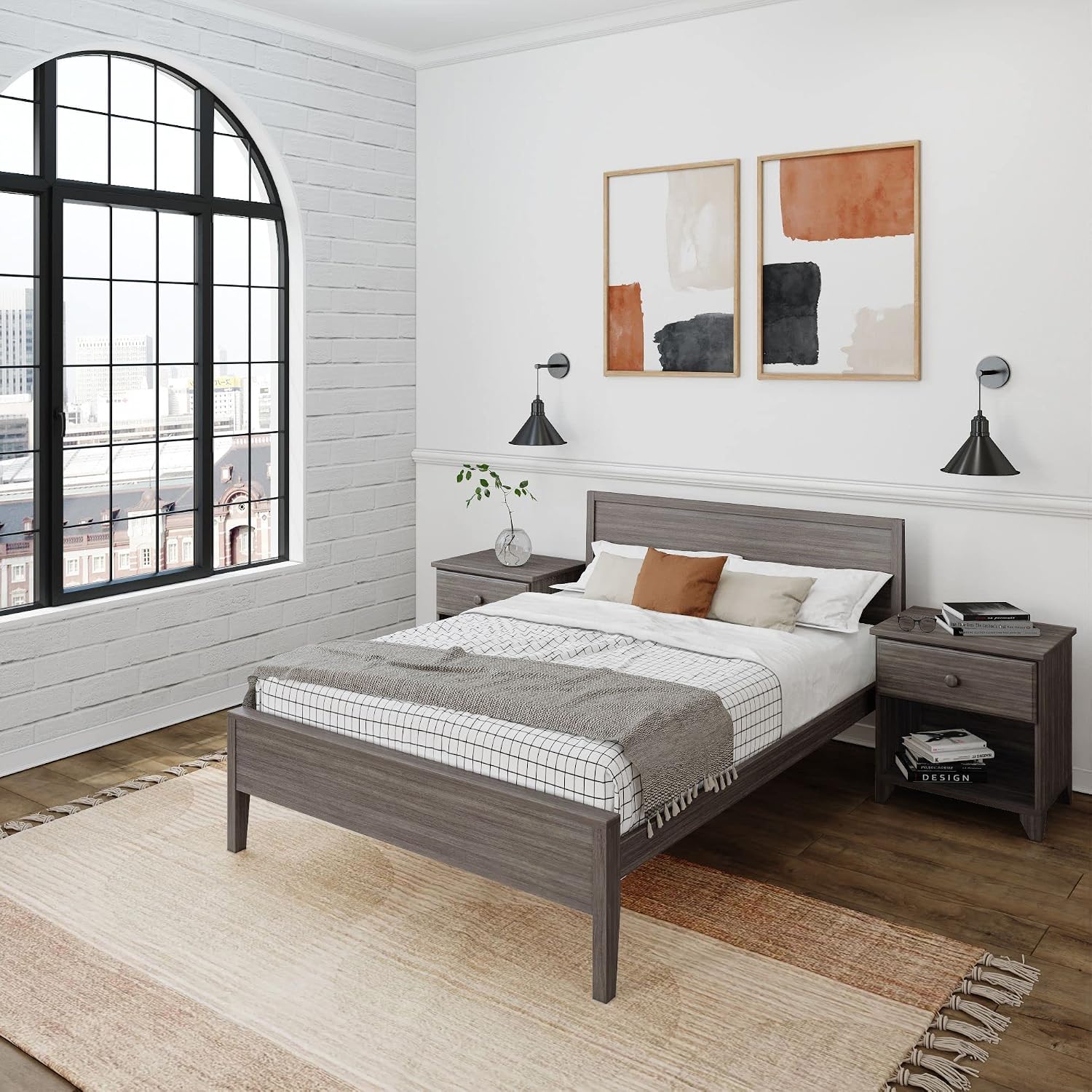 Plank+Beam Solid Wood Full Bed Frame with Panel Headboard, Modern Full Platform Bed with Wood Slat Support, No Box Spring Needed, Clay