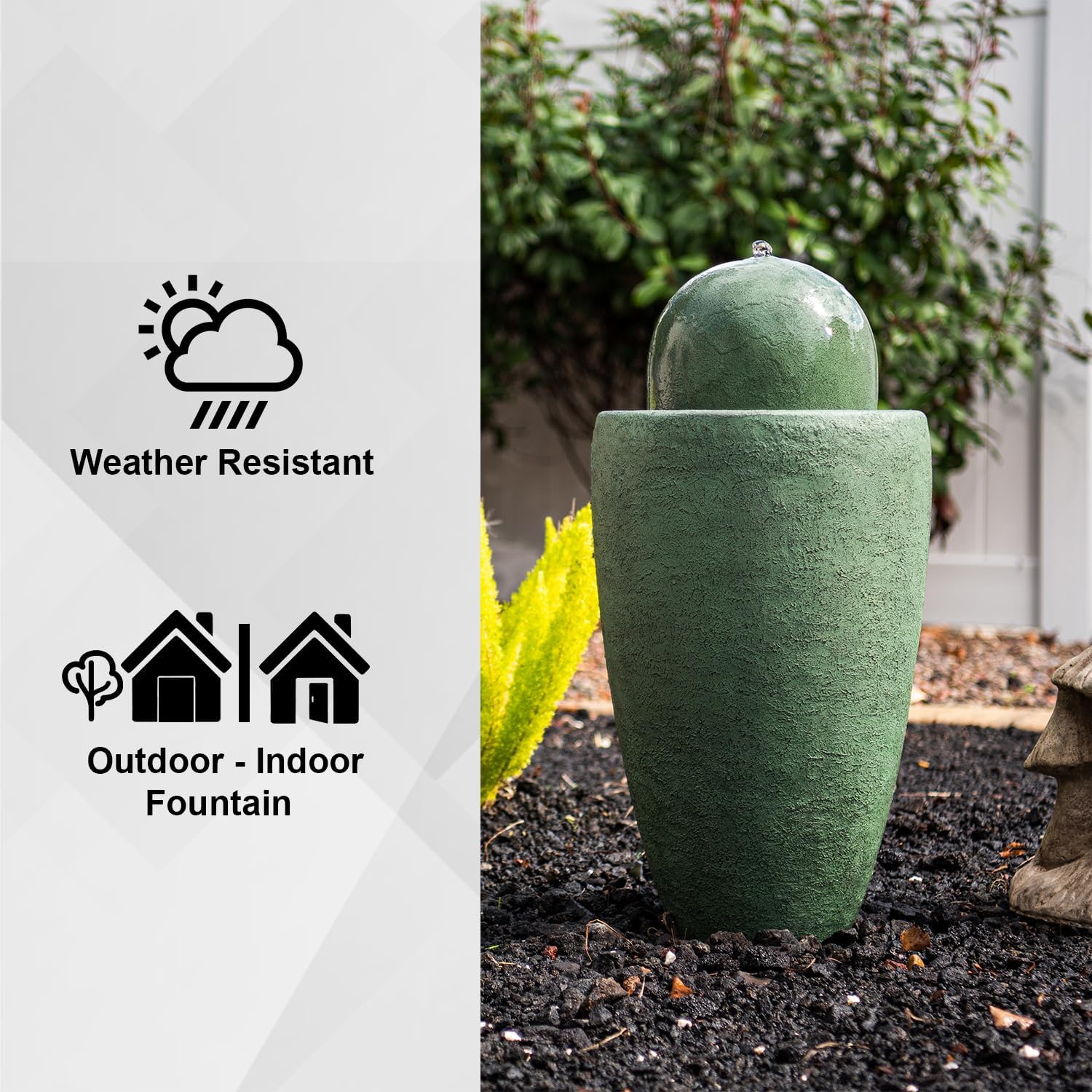 XBrand 25.98' H Green Round Stone Indoor/Outdoor Modern Sphere Water Fountain with LED Lights – Ball Bubbling Fountain Décor for Garden, Patio, Or Tabletop