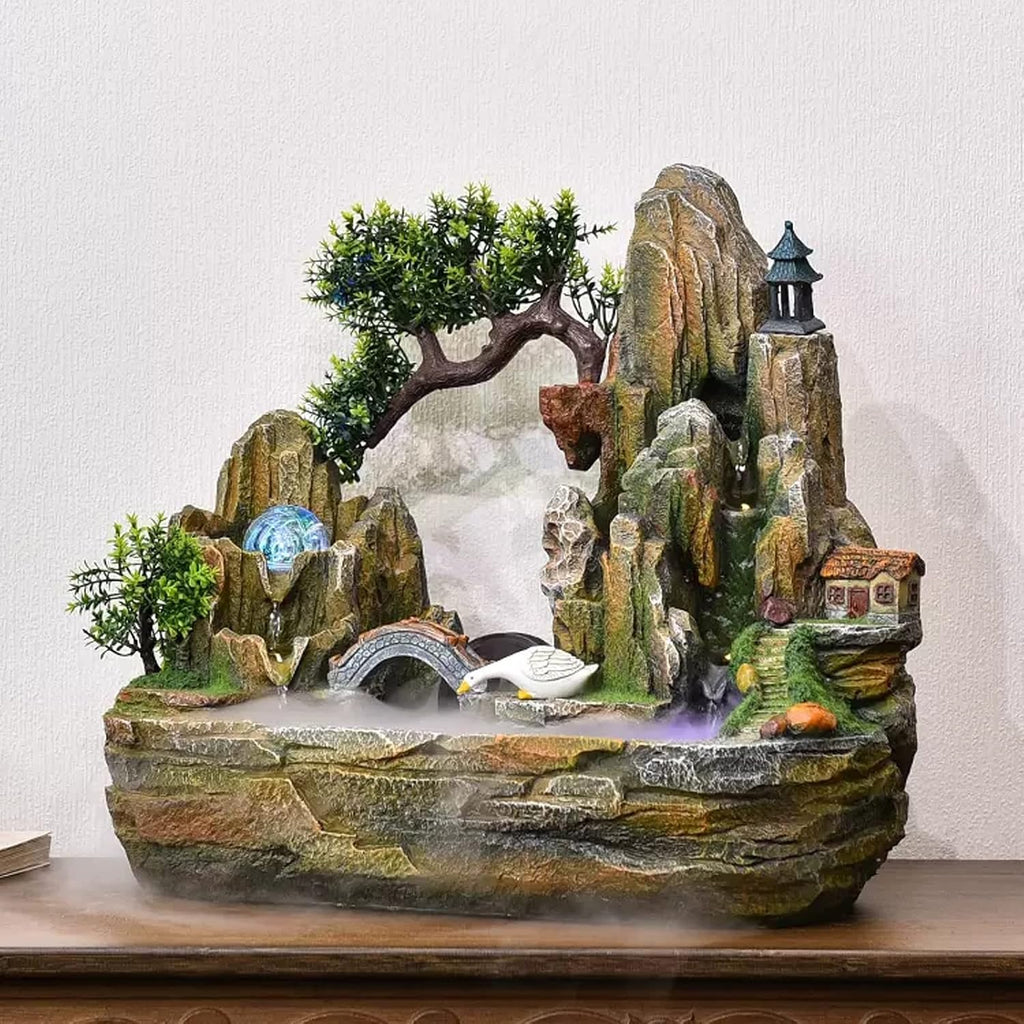 Indoor Water Feature,Ornaments Tabletop Fountain, Waterfall Rockery Fake，Chinese Artificial Tree(L)