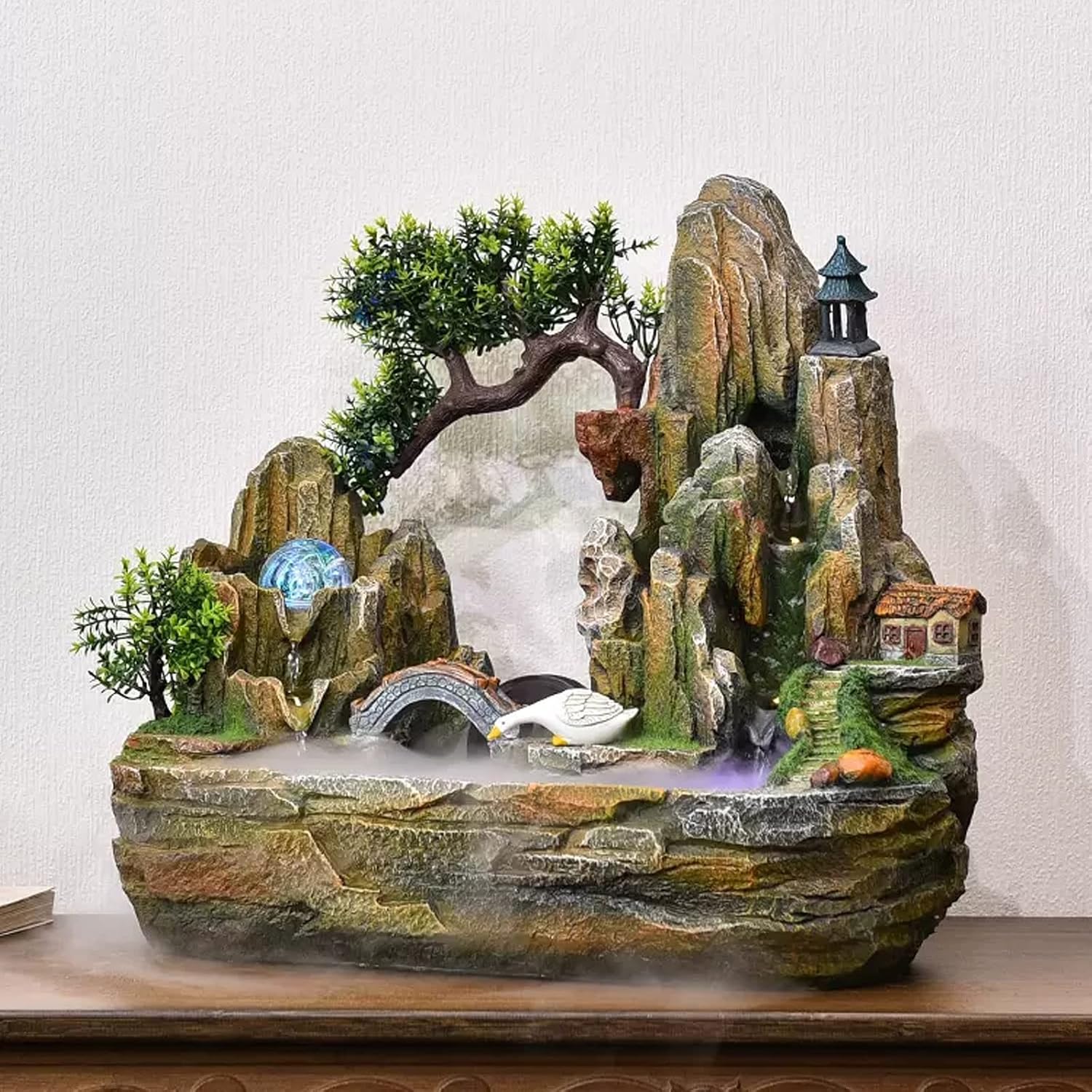 Indoor Water Feature,Ornaments Tabletop Fountain, Waterfall Rockery Fake，Chinese Artificial Tree(S)