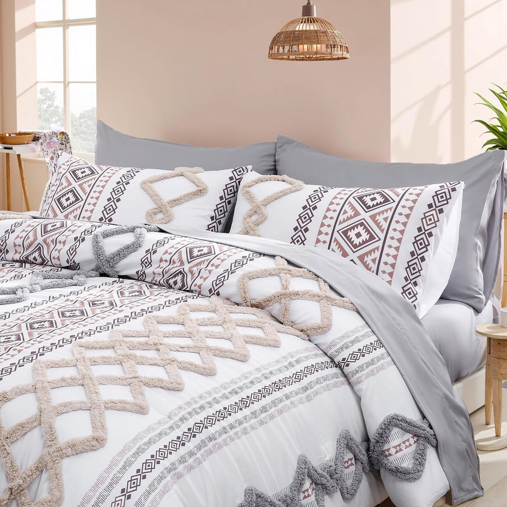 MOVE OVER Tufted Comforter Set King Size Boho Comforter Set 7 Pieces Bed in a Bag King 100% Soft Microfiber Aztec Comforter Set Shabby Chic Farmhouse Style Beige and Gray Fluffy Tufted Bedding Set