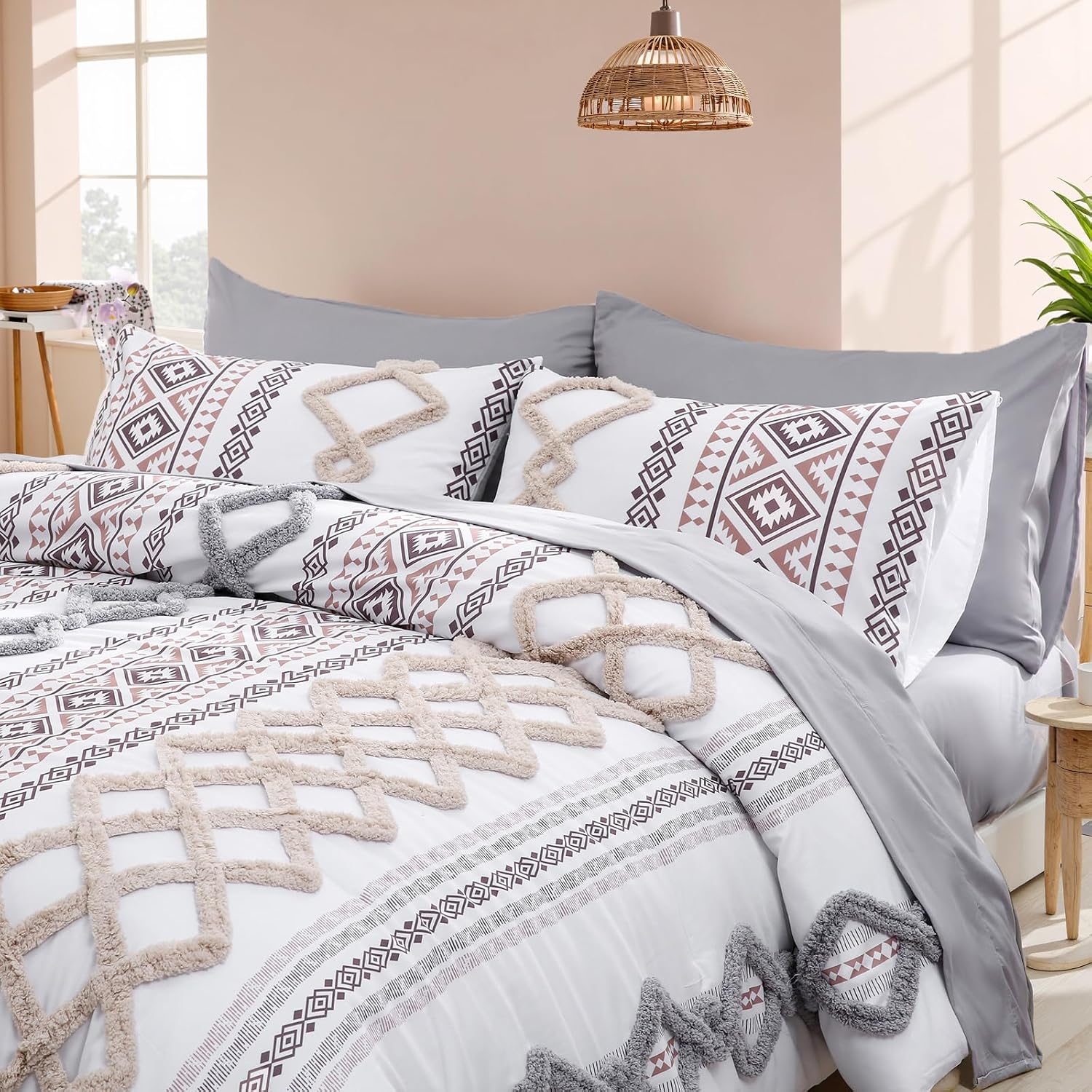 MOVE OVER Tufted Comforter Set King Size Boho Comforter Set 7 Pieces Bed in a Bag King 100% Soft Microfiber Aztec Comforter Set Shabby Chic Farmhouse Style Beige and Gray Fluffy Tufted Bedding Set