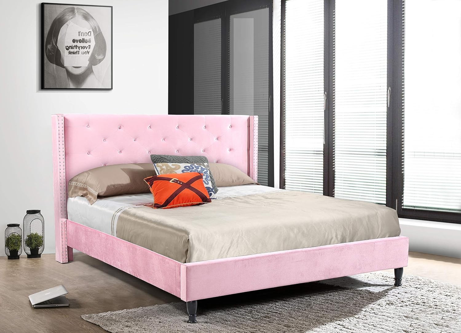 HomeLife Premiere Classics Velour Pink 51' Tall Headboard Slats Full-5 Year Warranty Included 007 Platform Bed