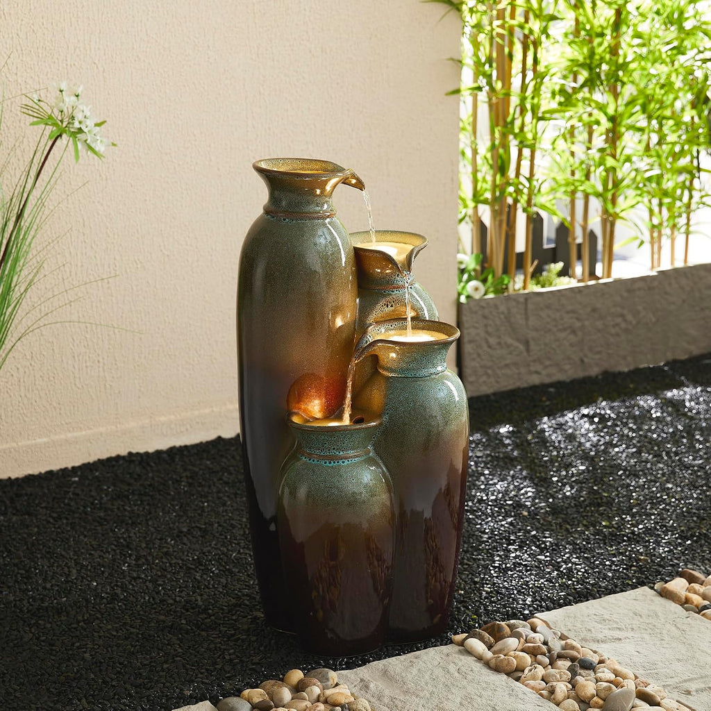 Glitzhome 30.75' H Vase Ceramic Outdoor Water Fountain with LED Lights and Pump, 4-Tier Olive Green and Brown Reactive Glaze Cascading Pots Standing Fountain for Porch Deck Garden Patio Backyard