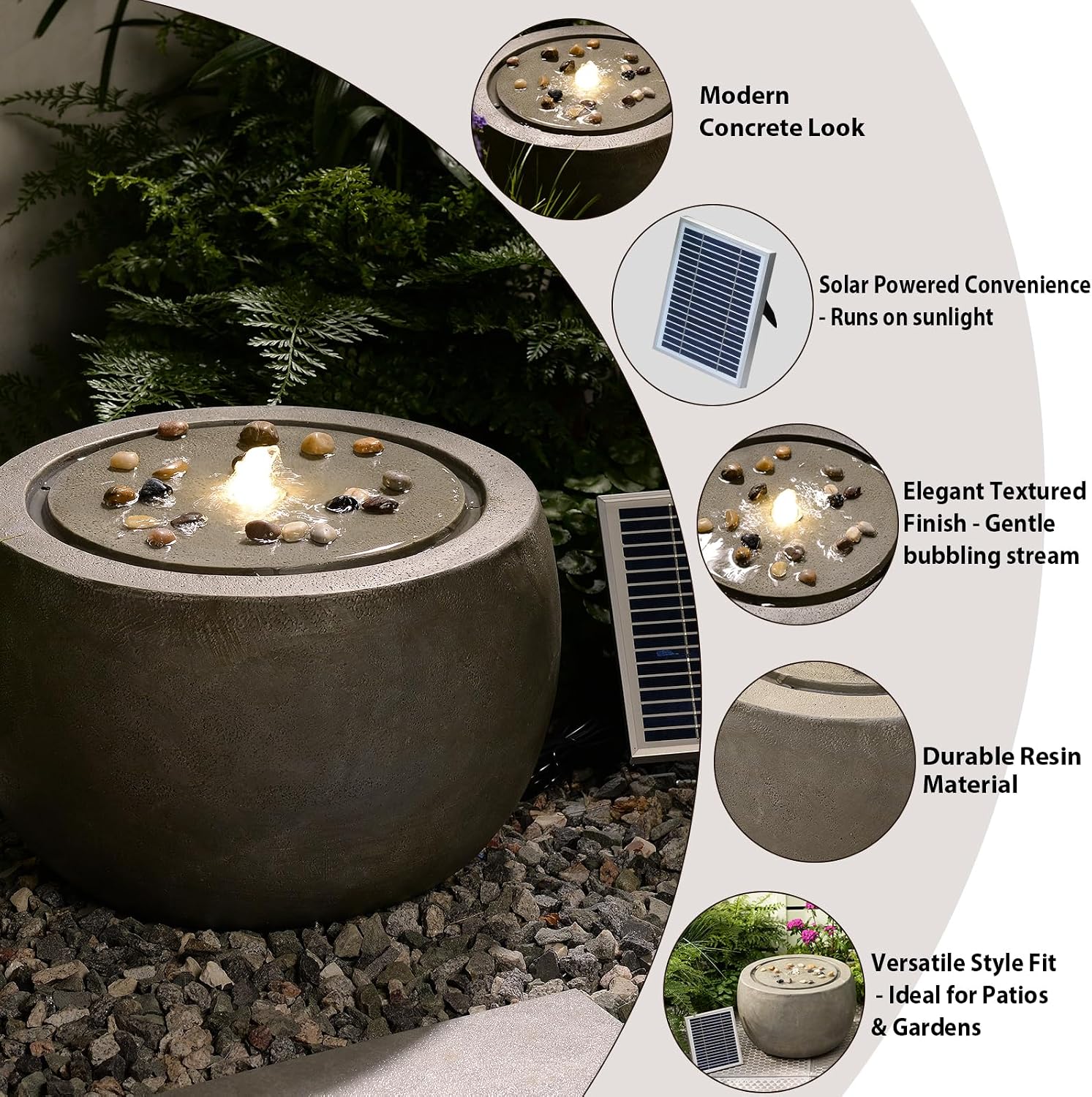 Tankana Solar Water Fountain Outdoor Garden Bubbler Water Feature Fountains Solar Powered with Pebbles for Patio Deck Yard Home Decor Gray, 18 'L x 18' W x 11.5' H