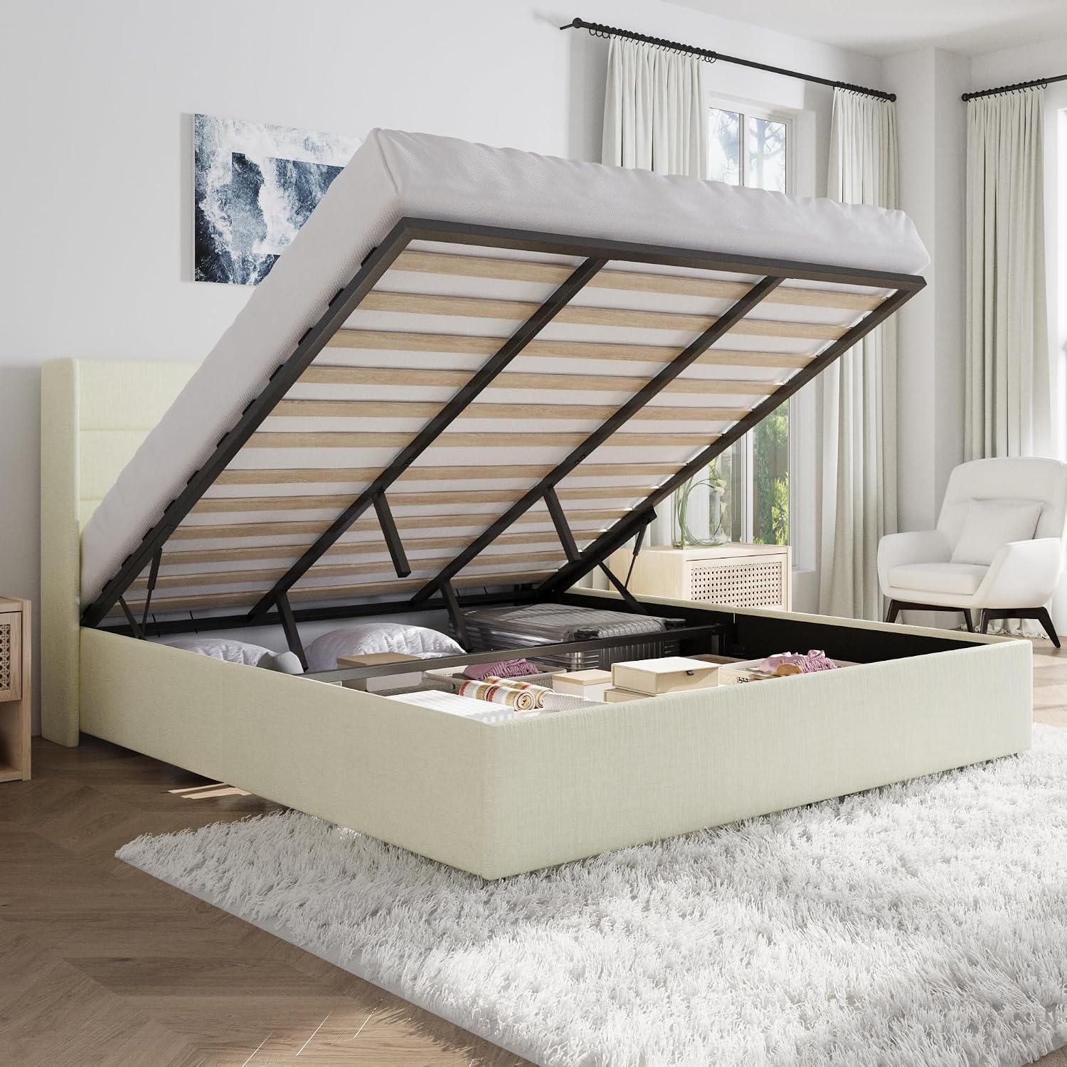 SHA CERLIN King Size Lift Up Storage Bed/Chenille Fabric Upholstered/Modern Wingback Headboard/Platform Bed Frame/Hydraulic Storage/No Box Spring Needed/Wood Slats Support/Cream