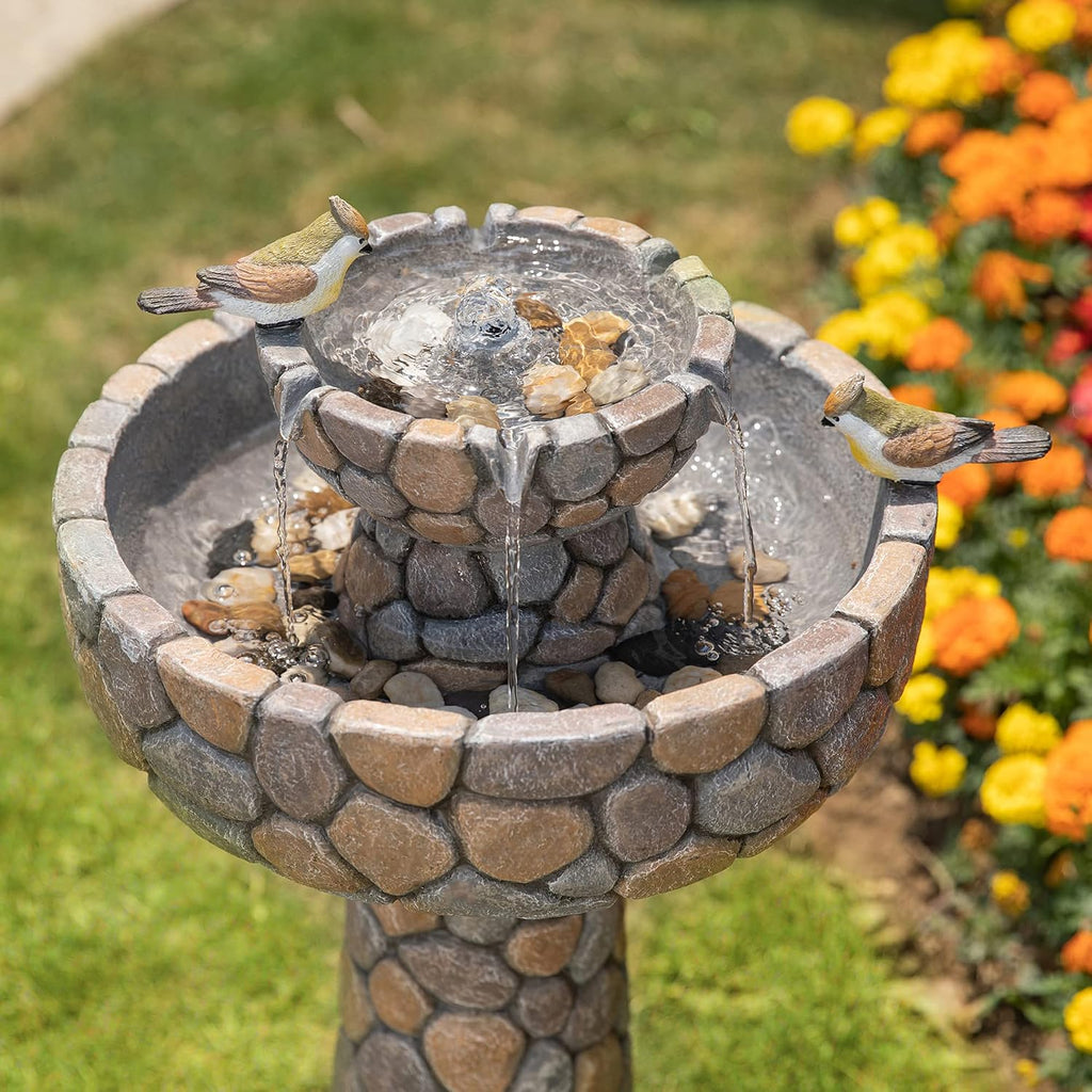 Glitzhome Water Fountain Outdoor with Birds Decor, 24.4'H 2-Tier Bird Bath Outdoor Fountain with Pump, Freestanding Garden Waterfall Fountains Water Feature