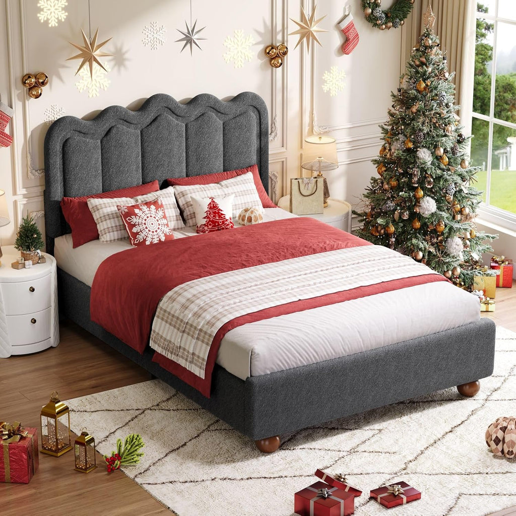 Full Size Bed Frame with Headboard, Boucle Bed Frame, Soft Upholstered Platform Cloud Bedframe with Footboard, Solid Wood Legs, Solid Wooden Slats Support, No Box Spring Required, Easy Assembly, Grey