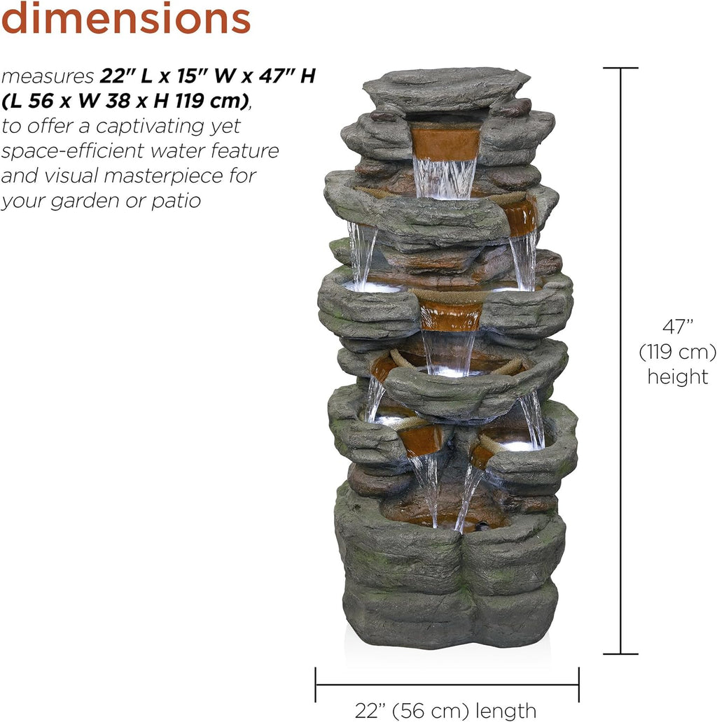 Alpine Corporation TZL352 Outdoor Floor Stone Tower Fountain with LED Lights, Multi-Level Garden Water Fountain, 47'H, Gray