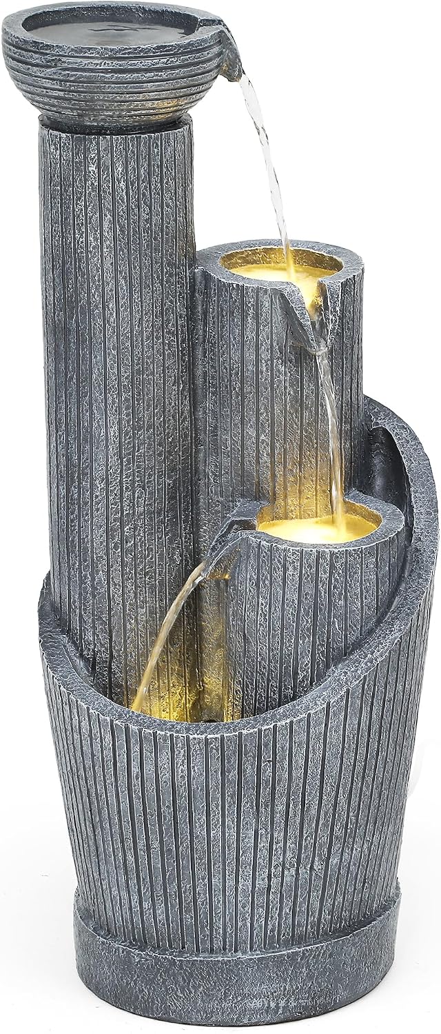 31' Modern Outdoor Water Fountain with LED Lights, 5-Tier Twist Pedestal Bowl Garden Fountain, Cascading Waterfall for Relaxing Garden, Patio, Backyard, Deck, Porch or Home Decor