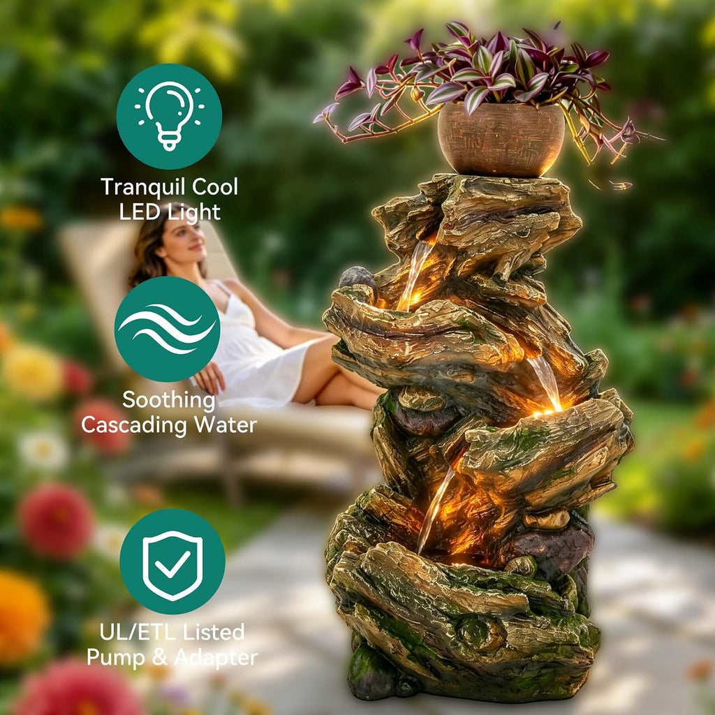 33' Rustic Tree Trunk Outdoor Water Fountain with Planters, Handcrafted 5-Tier Cascading Water Feature with Moss & LED Lights, Relaxing Tranquil Decor for Garden Yard Patio Porch