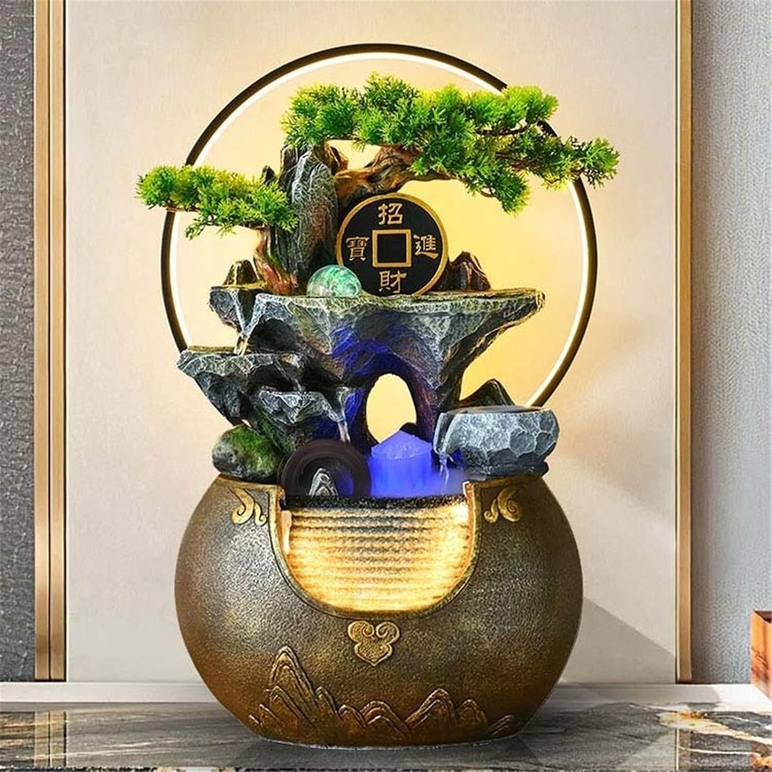 Tabletop Fountain Waterfall Tabletop Water Fountain Rockery with Waterfall and Decorative Piece for Home Office Decor(Brown)