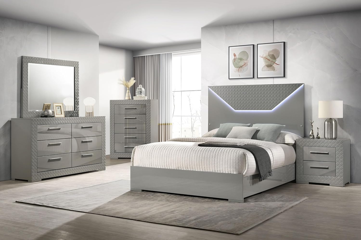 Coaster Home Furnishings Ives Contemporary 5-Piece Bedroom Set Queen Size LED Panel Bed Frame 57-inch Headboard Grey High Gloss 224971Q-S5